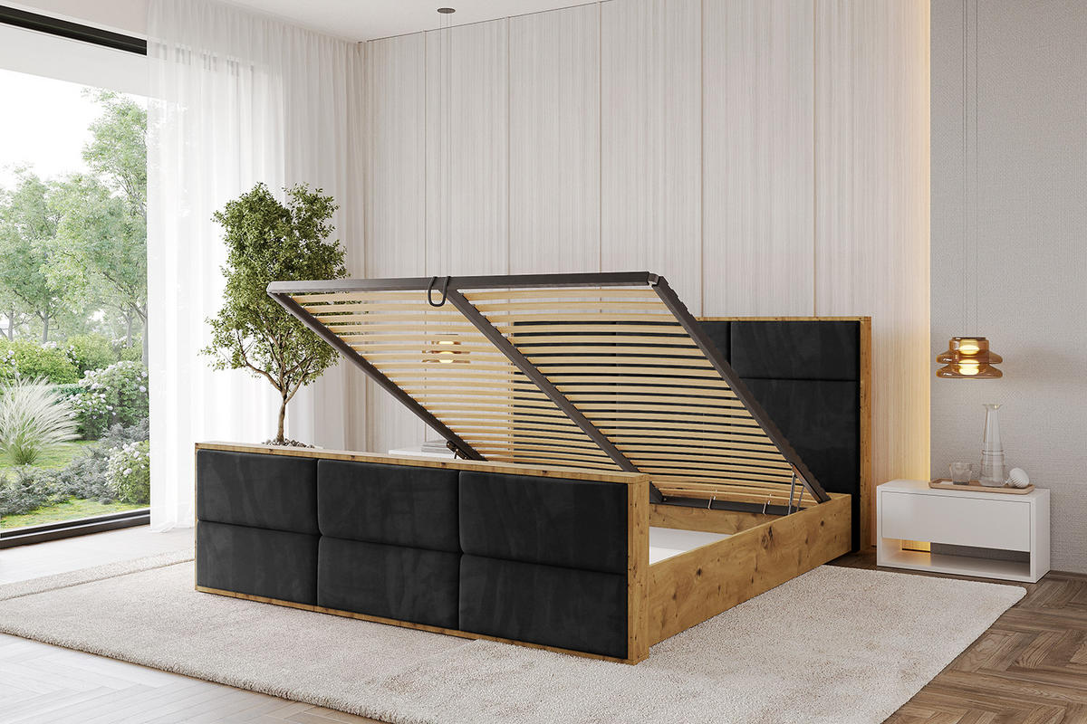 POLSTERBETT mit Bettkasten, Fußteil und Lattenrost, Boxbett mit Matratze H3/H4 - ENZO1-Z 180x200 Schwarz - Schwarz, Holzwerkstoff/Textil (180/200cm) - ALTDECOR
