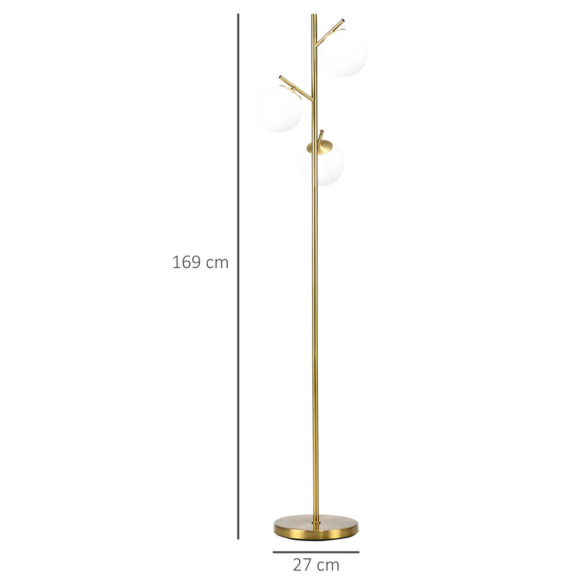 STEHLEUCHTE 27/27/169 cm Gold mit E27 Fassung und 3 Glas-Lampenschirmen - Goldfarben, Metall (27/27/169cm) - Oxeza