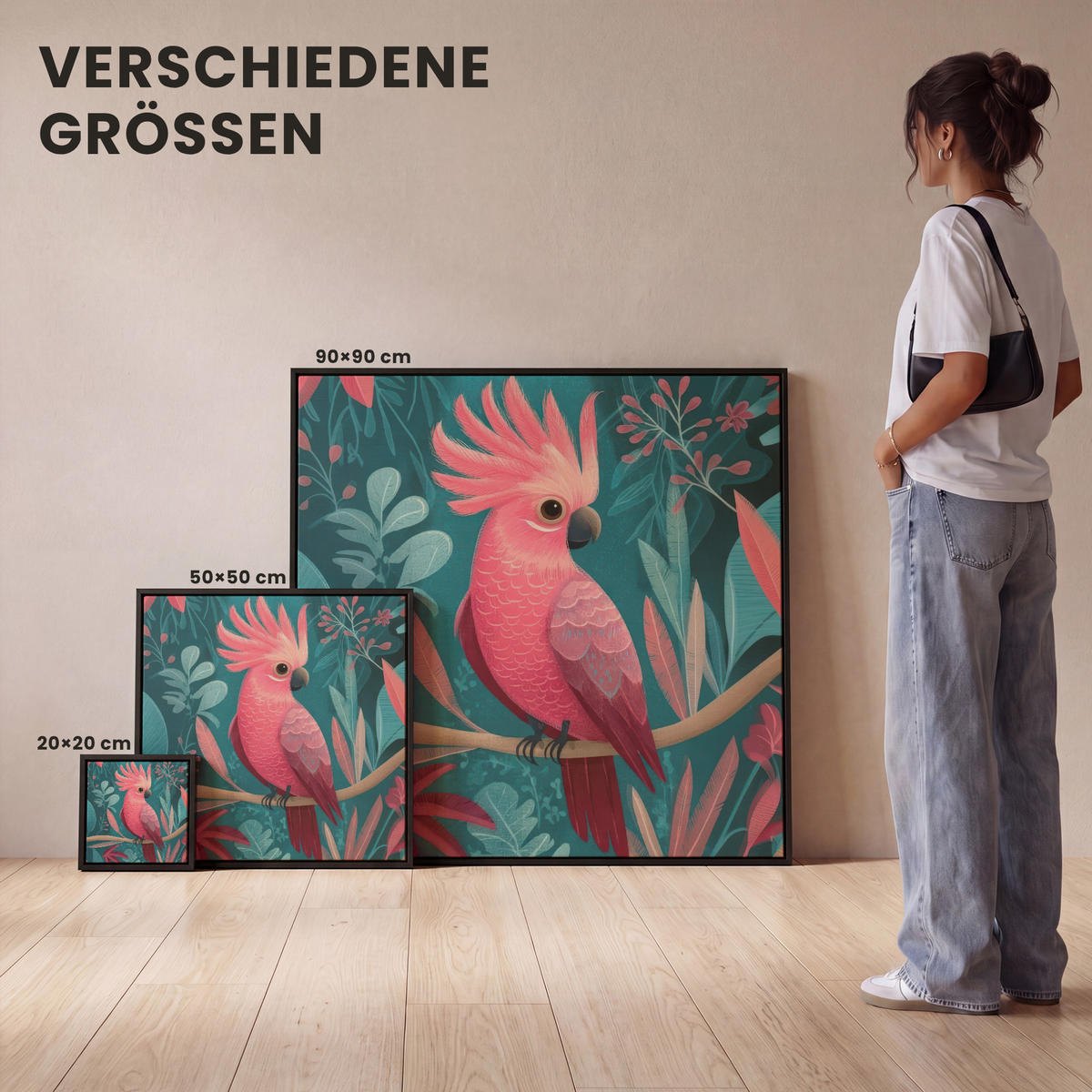 LEINWAND Bilder mit Rahmen - Kakadu - Tropische Blätter - Zweig - 90x90 - Petrol, Textil (90/90cm) - MuchoWow