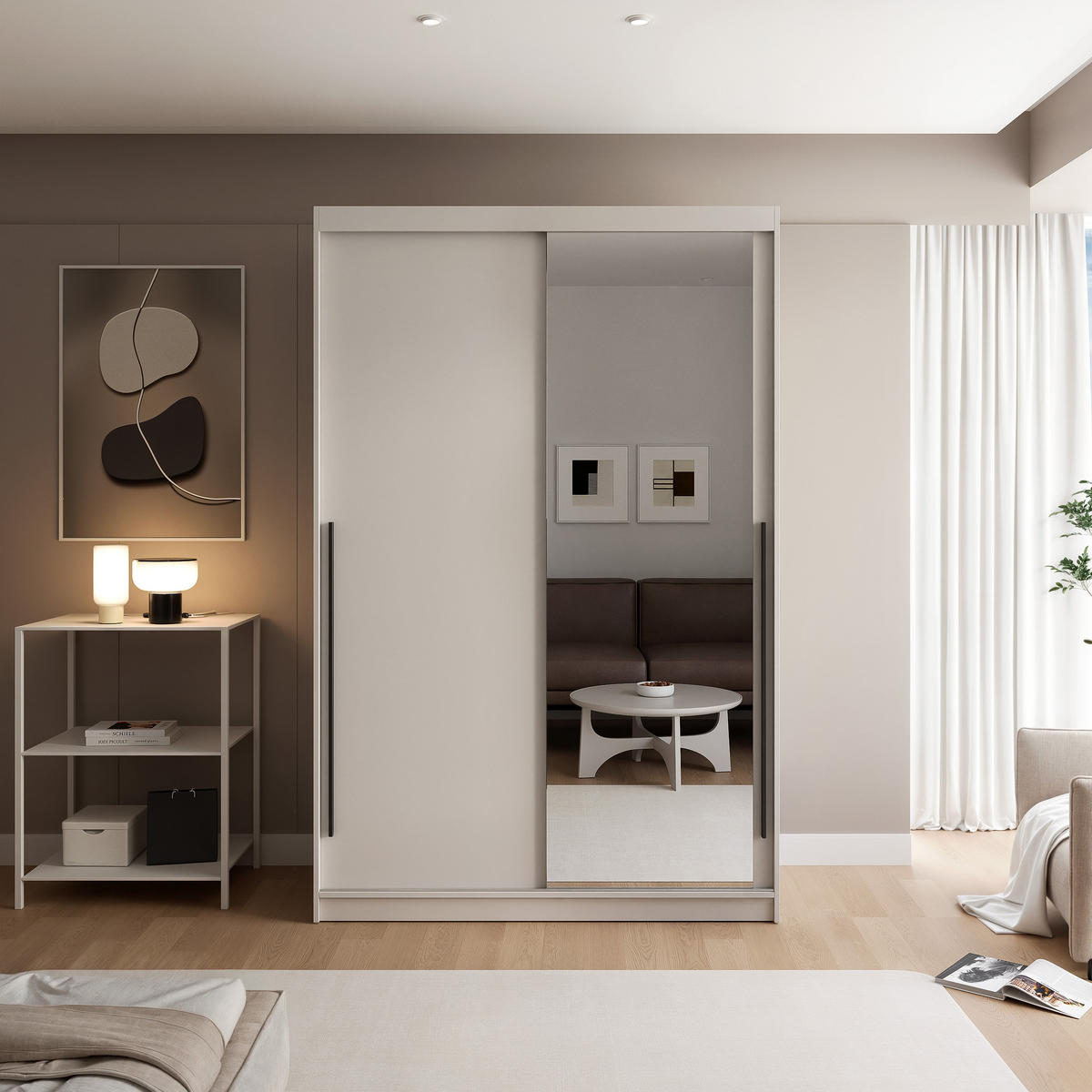 SCHIEBETÜRENSCHRANK SILENTE 140 cm mit Einlegeböden und Kleiderstange - Beige, Holzwerkstoff (140/215/60cm) - Idohome