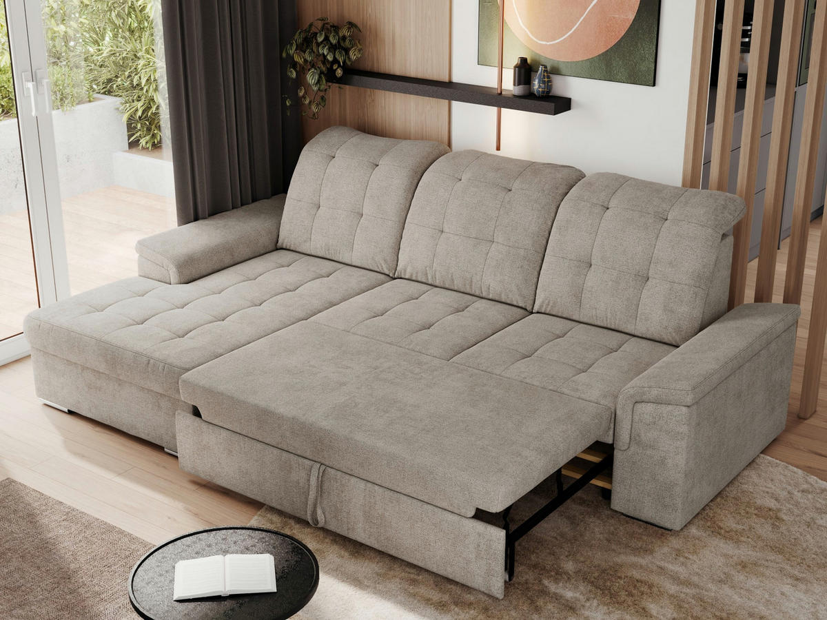ECKSOFA MADRITO L - Beige Struktur - Links - Beige/Silberfarben, Textil/Metall (160/256cm)