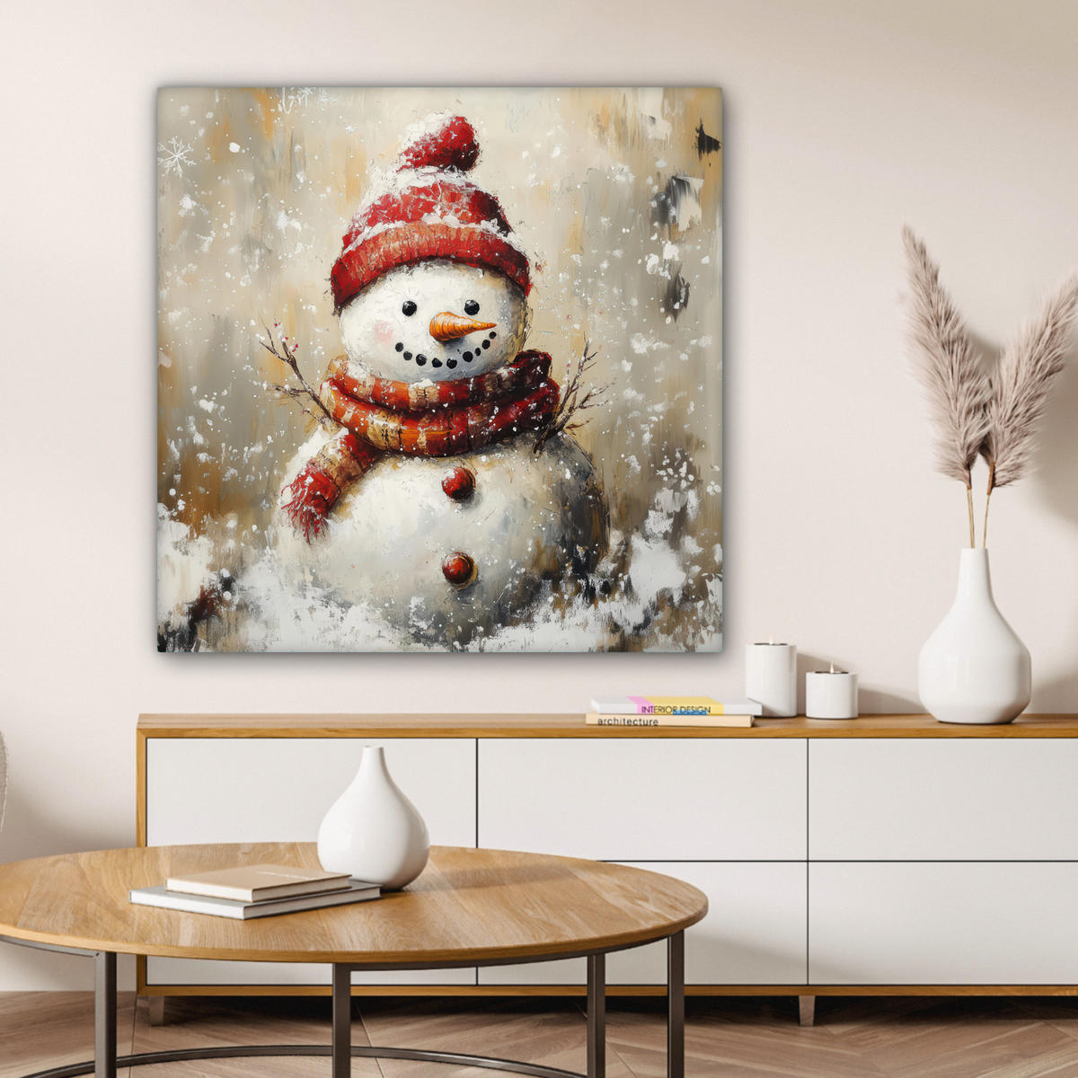 LEINWANDBILD Schneemann - Winter - Schnee - Beige 90x90 cm - Weiß, Textil (90/90cm) - MuchoWow