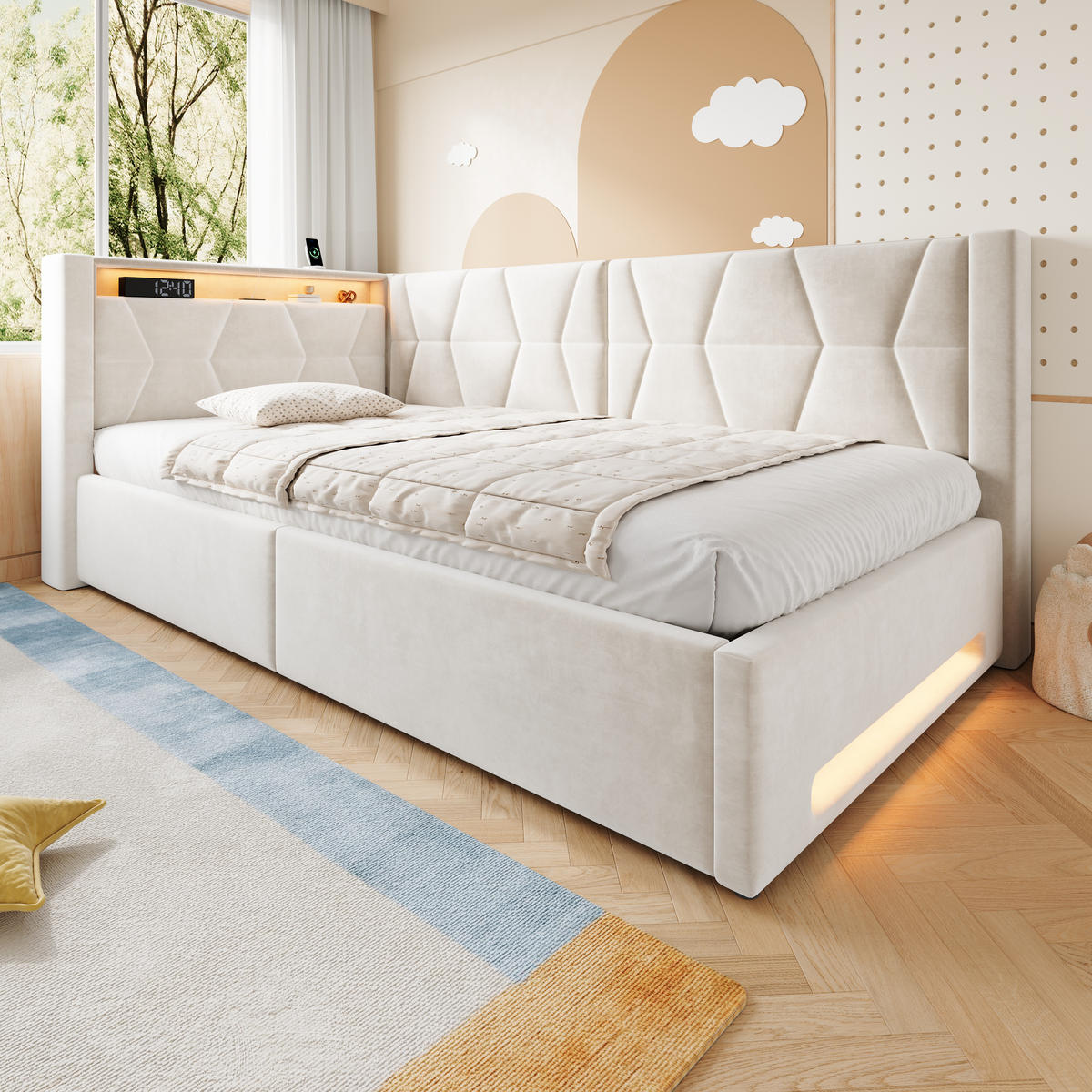 POLSTERBETT 90/200 cm in Beige mit Bettkasten, LED, USB und Type-C aus Samt - Beige, Holzwerkstoff/Textil (90/200cm) - STILVORA