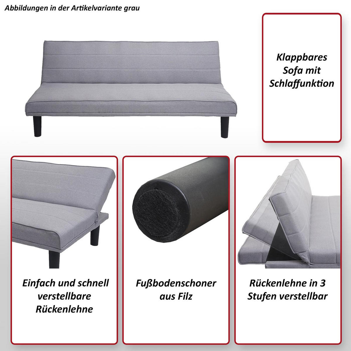 SCHLAFSOFA Grau - Grau, Textil (165/72/78cm) - MCW