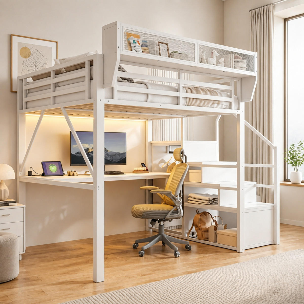 HOCHBETT 140/200 cm aus Metall mit Schreibtisch und LED-Lichtleiste, Weiß - Weiß, Metall (140/200cm) - OKMYHOME