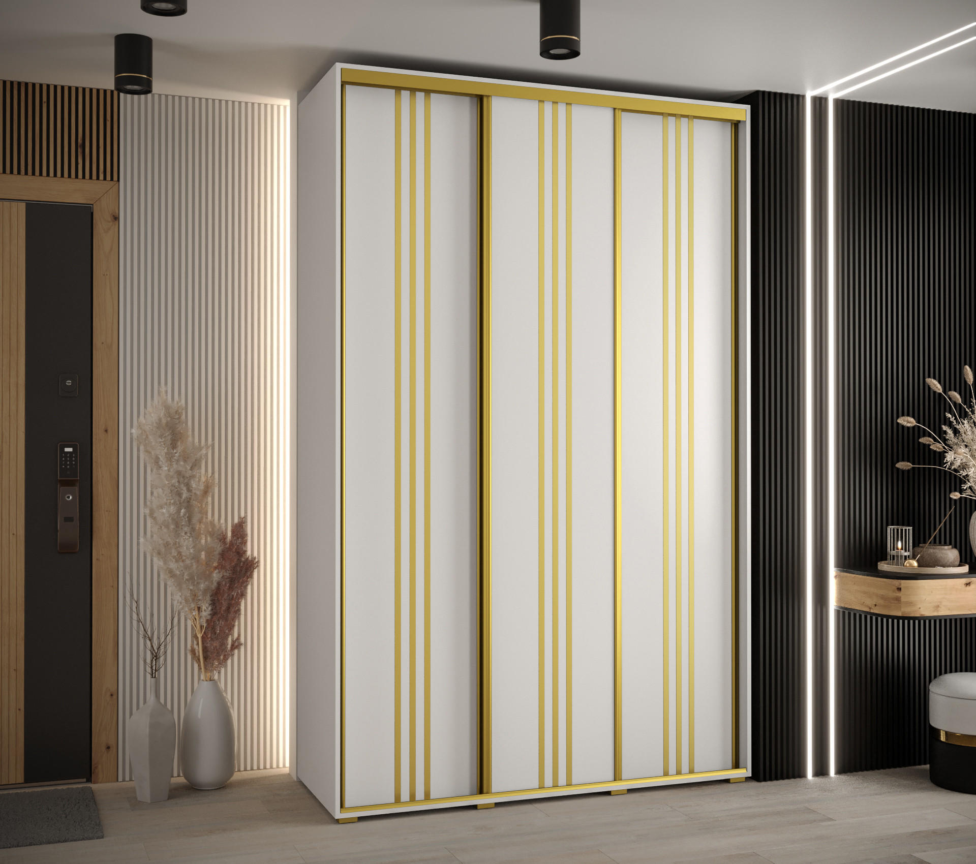 SCHWEBETÜRENSCHRANK 235,2/150/60 3-türig - Goldfarben/Weiß, Holz/Metall (150/235/60cm) - Abiks Möbel