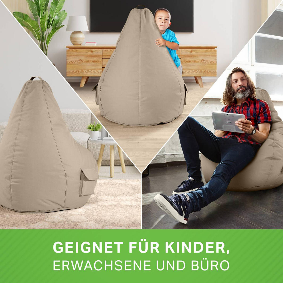 SITZSACK + Hocker "Cozy+Cube" 2er Set - Taupe, Textil (70/90/80cm) - Green Bean