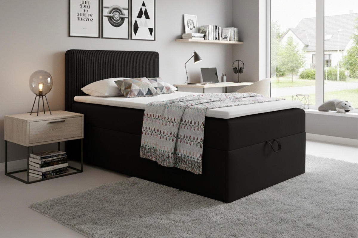 BOXBETT TEEN 4 90/200 Velours / Cord Schwarz H3 - Schwarz, Holz/Holzwerkstoff (90/200cm) - Deine Möbel 24