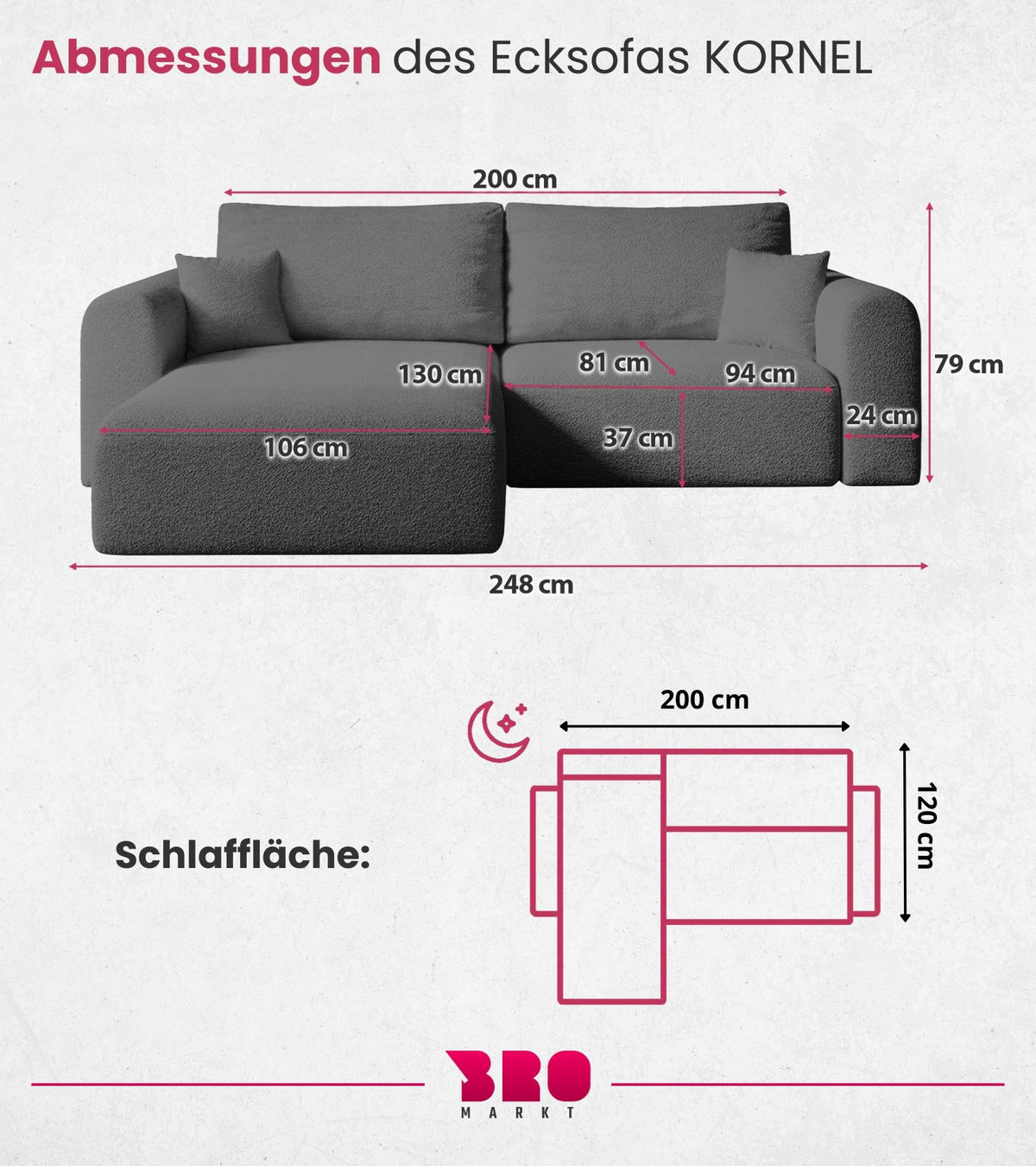 ECKSOFA Kornel mit Schlaffunktion Dunkelgrau Boucle - Dunkelgrau, Textil (248/165cm) - Bromarkt