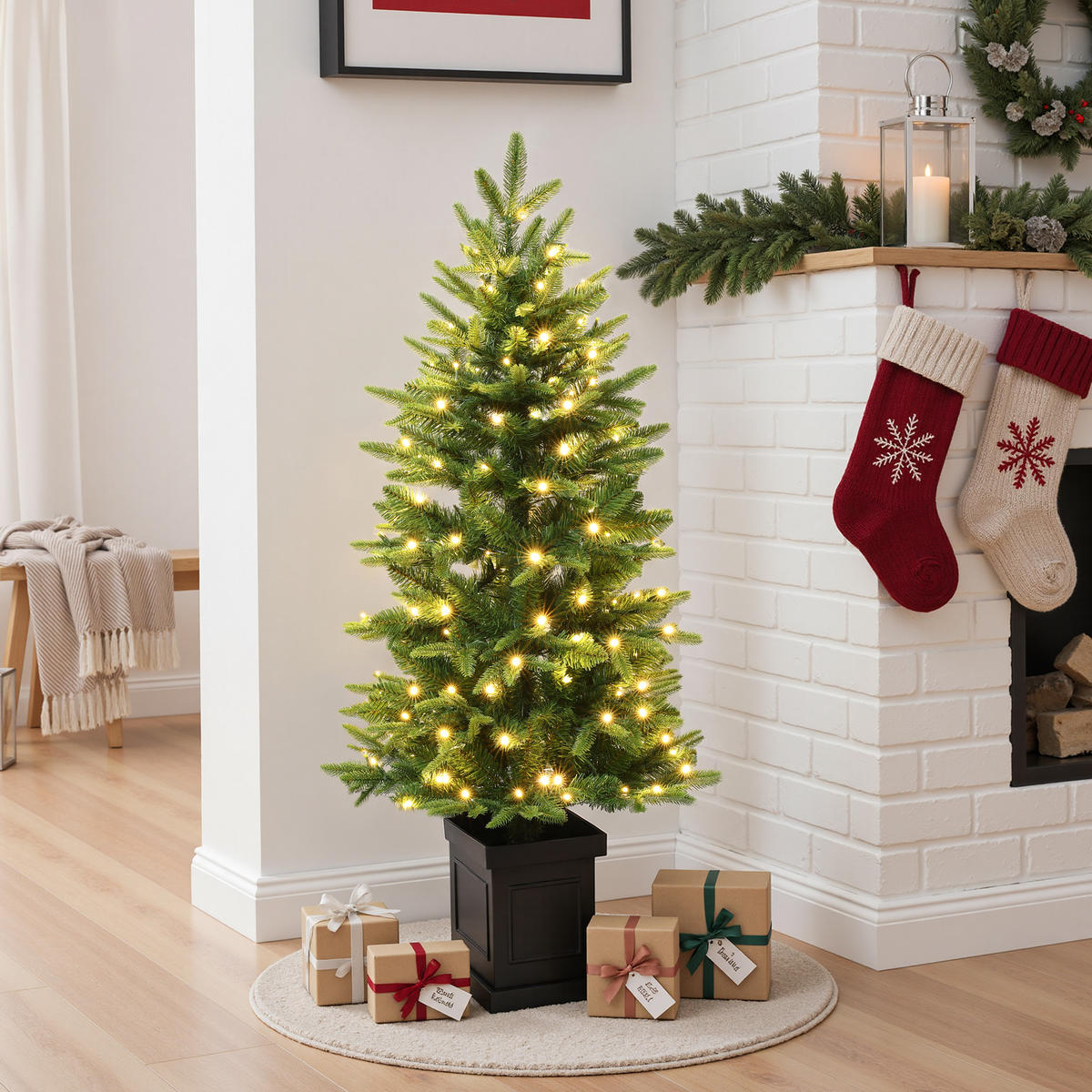 KÜNSTLICHER Weihnachtsbaum 124 cm mit Beleuchtung und 150 LEDs - Grün, Kunststoff (124cm) - Hometopia