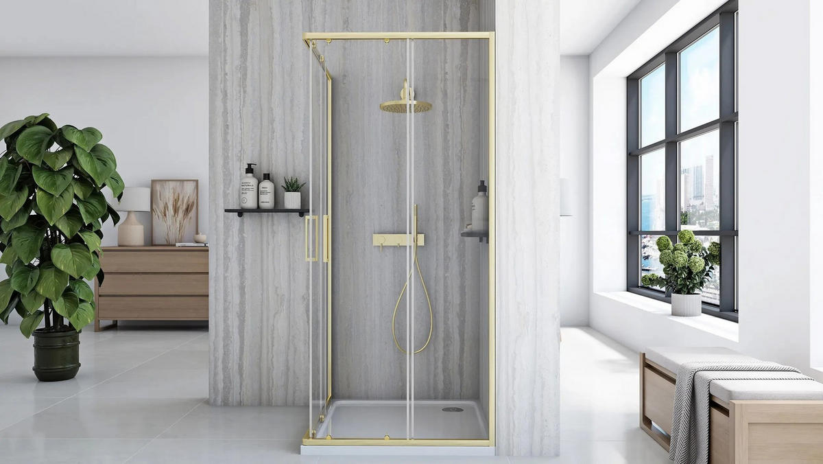 DUSCHKABINE Rea City 80x80 Gold Brush mit Duschwanne Savoy Schwarz - Goldfarben, Glas (80/80/190cm) - REA