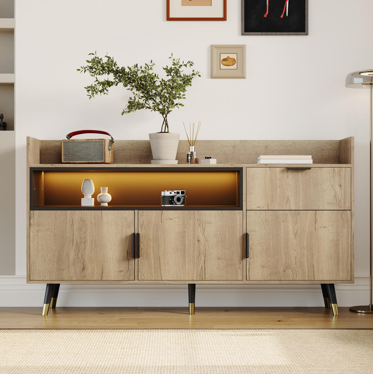 SIDEBOARD aus Holzwerkstoff 160x35x82 cm Natur mit LED-Beleuchtung, Schublade, offenen Fächern und Türfächern - Naturfarben, Holzwerkstoff (160/82/35cm) - Modfu