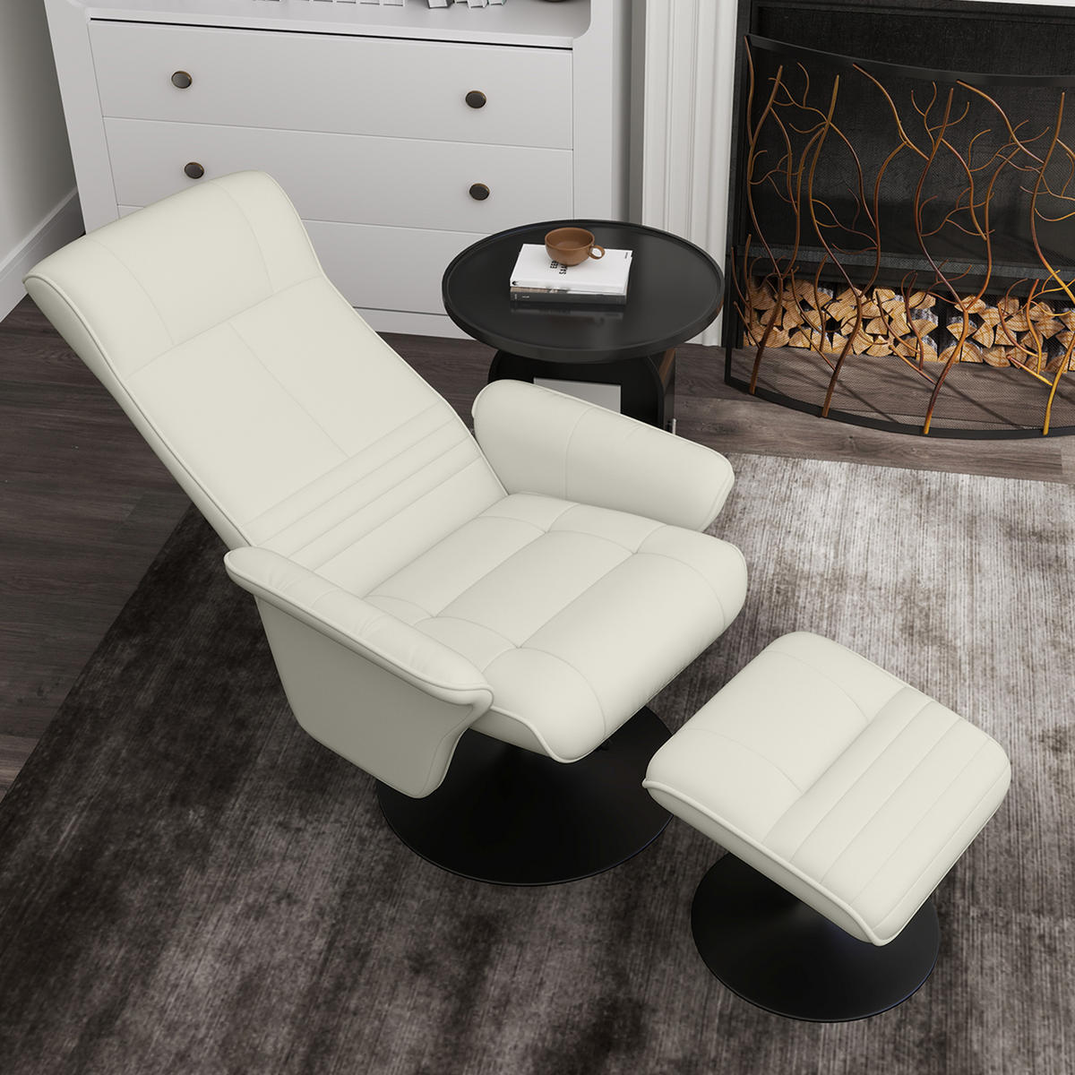 RELAXSESSEL mit Hocker Drehbarer Fernsehsessel mit Liegefunktion Mikrofasertuch - Creme/Schwarz, Textil/Metall (71/104/69cm) - HOMCOM
