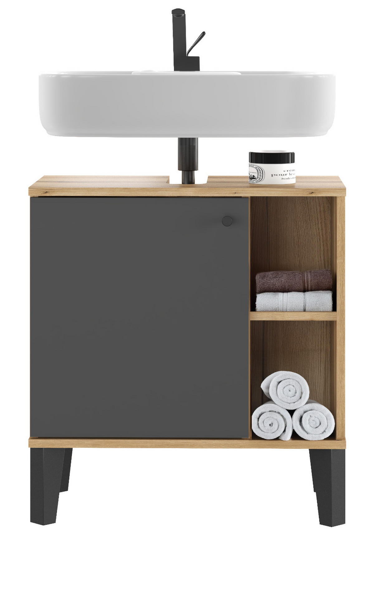 WASCHBECKENUNTERSCHRANK grau, Evoke Eiche, Badezimmer Unterschrank, 60 cm - Eichefarben/Schwarz, Holzwerkstoff/Kunststoff (60/65/33cm) - Furn.Design
