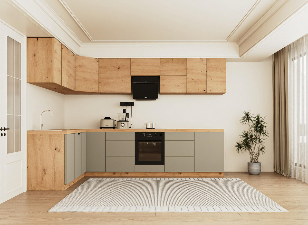 WINKELKÜCHE 320cm x 200cm- Langen KL15-M320 - in Beige / Artisan Eiche - Beige/Eiche Artisan, Holz (520/212/52cm)