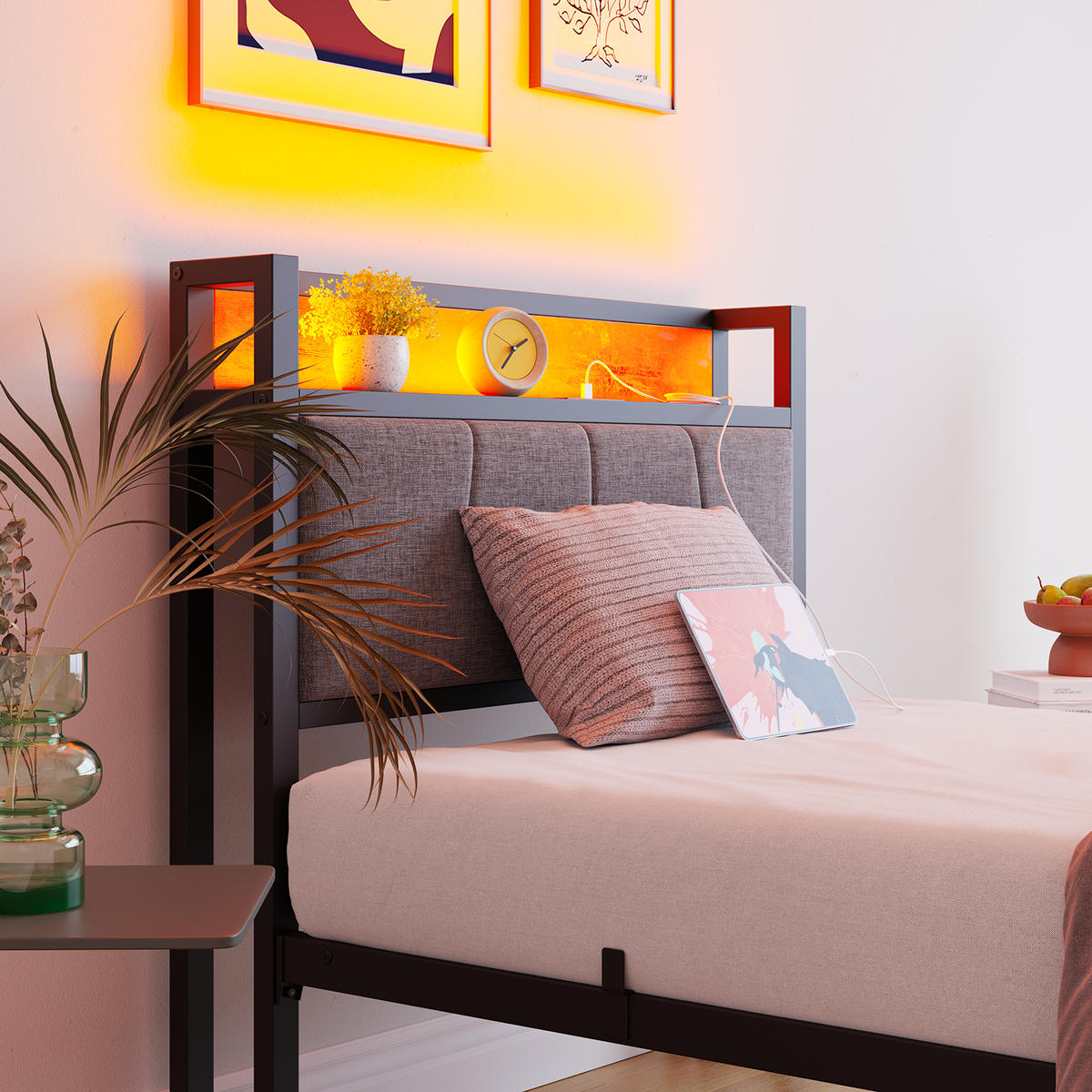 METALLBETT 90x200 cm LED USB Stauraum - Dunkelbraun, Holzwerkstoff (90/200cm) - Fortuna Lai