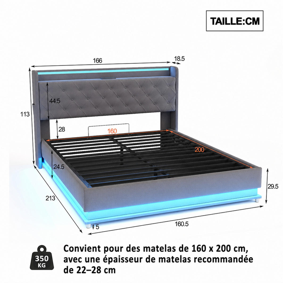 POLSTERBETT 160/200 mit LED, USB-Ladeanschluss und hydraulischem Stauraum in Grau - Grau, Holzwerkstoff/Textil (160/200cm) - EVRYAE