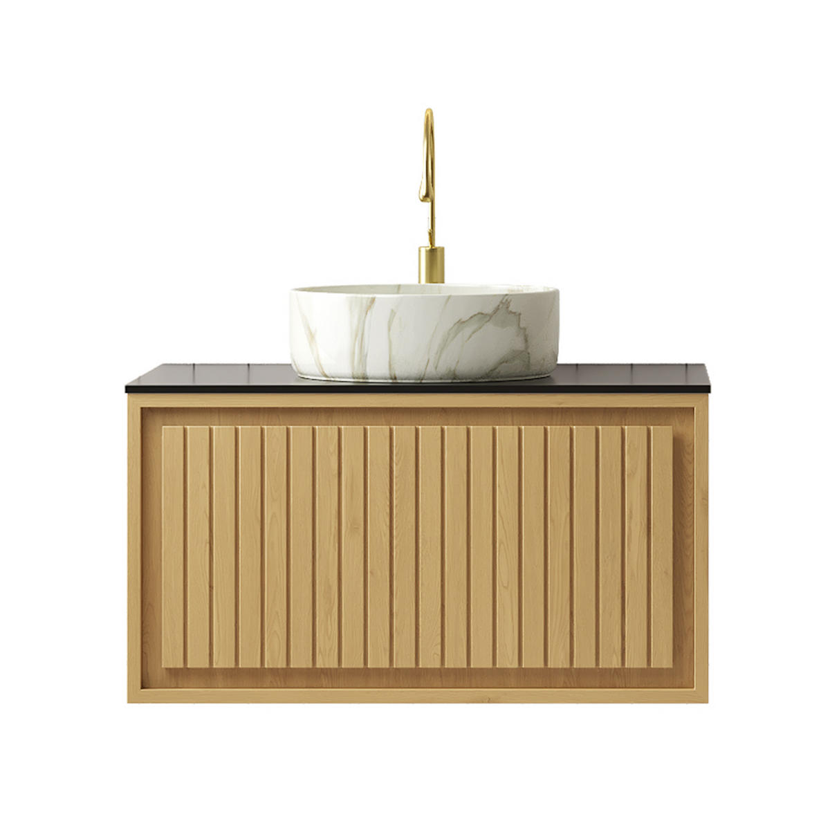 WASCHTISCHUNTERSCHRANK 76x48x53cm Schwarz&Goldene Eiche&Steinweiß mit Keramikaufsatzbecken & Schwebe-Design - Eichefarben, Keramik (76/53/48cm) - Modfu