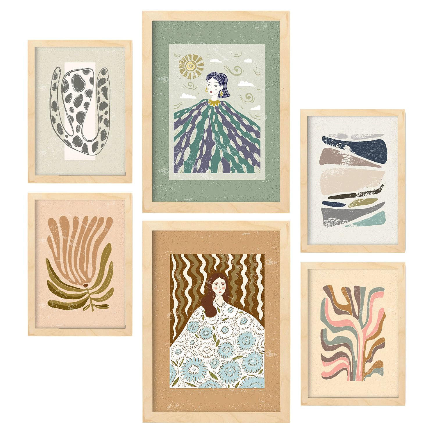 POSTER Set Mit 6 Drucken Von Mutter Natur In Ethnischer Dekorative Rahmen Für Ihr Wohnzimmer Zuhause Wandkunstdruck A3 & A4 Rahmen Aus Hellem Holz - Beige, Papier (29/3cm) - Nacnic