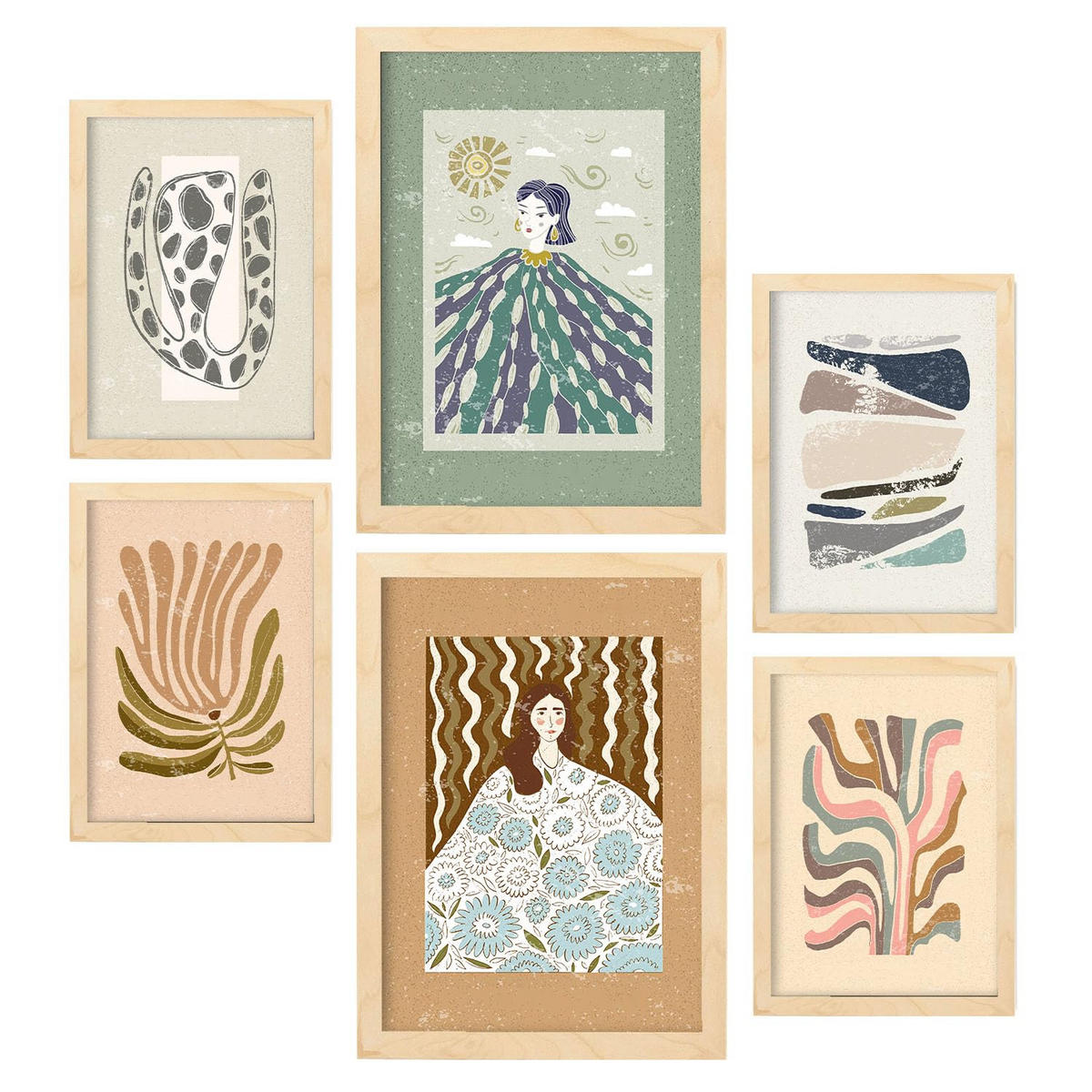 POSTER Set Mit 6 Drucken Von Mutter Natur In Ethnischer Dekorative Rahmen Für Ihr Wohnzimmer Zuhause Wandkunstdruck A3 & A4 Rahmen Aus Hellem Holz - Beige, Papier (29/3cm) - Nacnic
