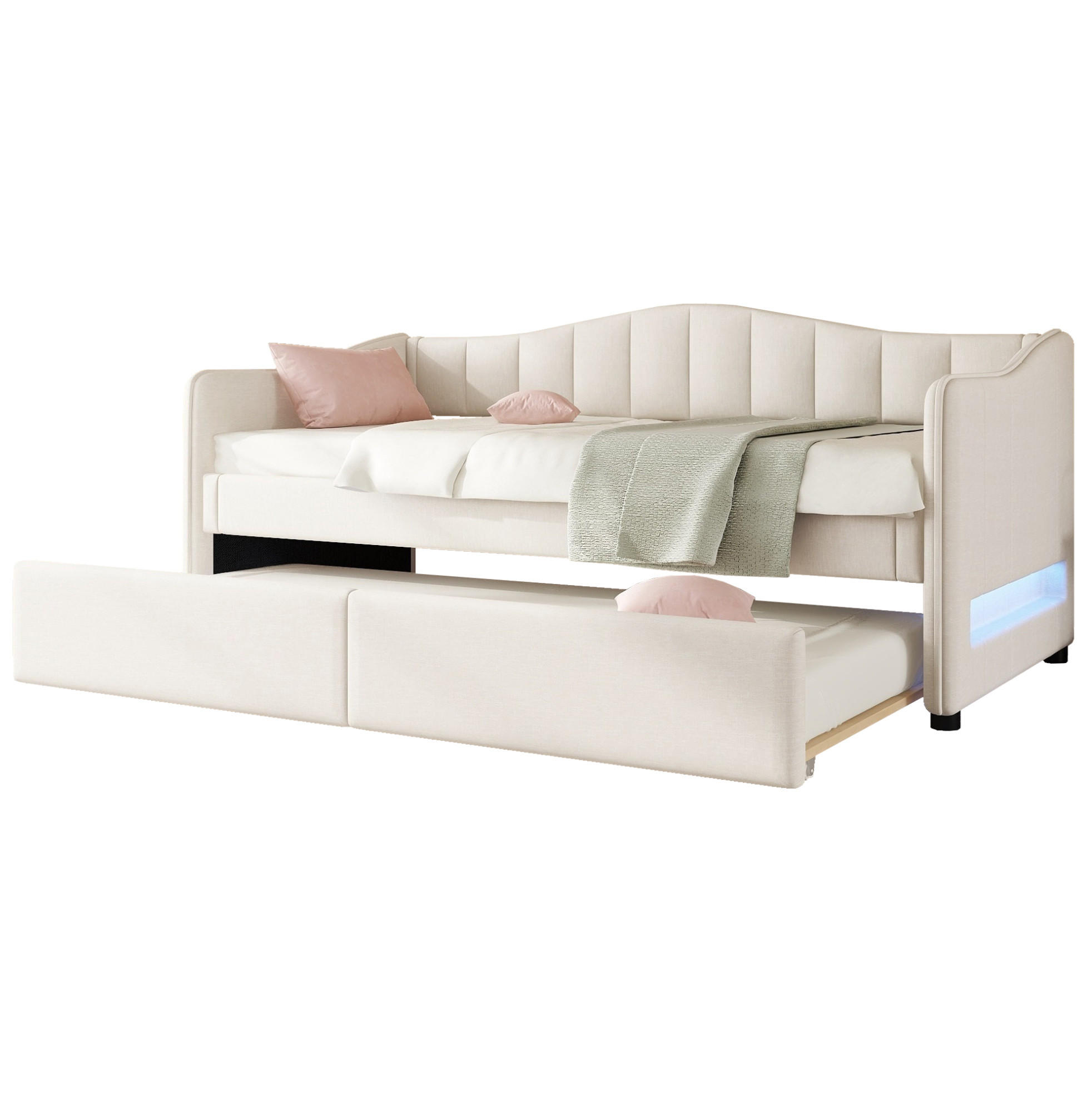 POLSTERBETT 90/200 cm aus Leinen mit ausziehbarem Rollbett und LED-Beleuchtung Beige - Beige, Textil (90/200cm) - Modenvie