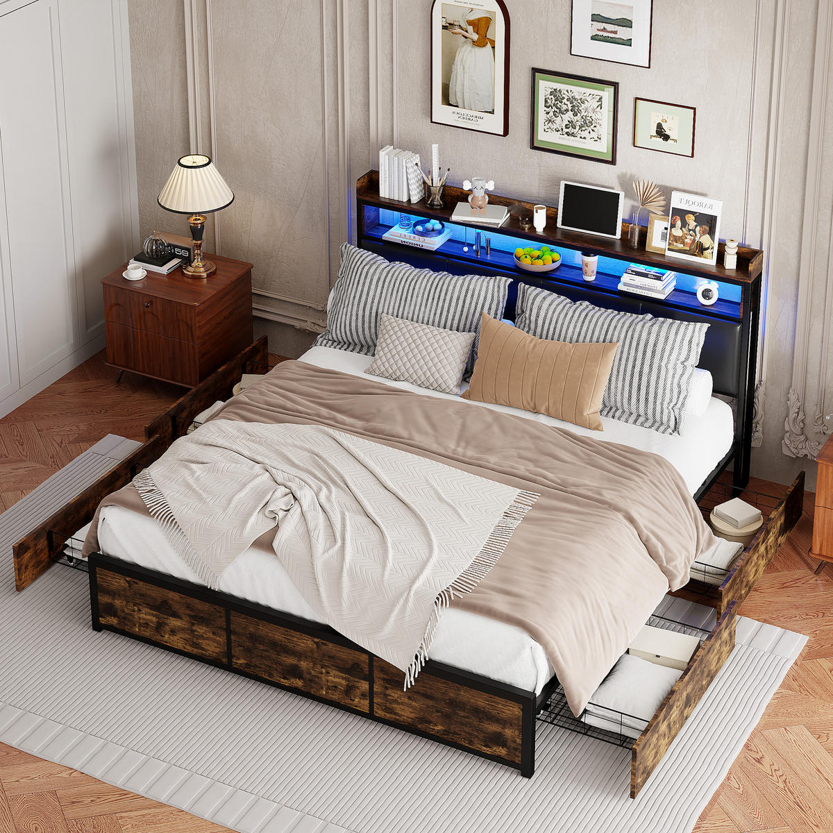 POLSTERBETT 140x200 cm Doppelbett, 4 Schubladen, verstellbare LED-Leuchten, weiches PU-Leder, Braun - Braun, Holz (140/200cm) - BRILVERDE