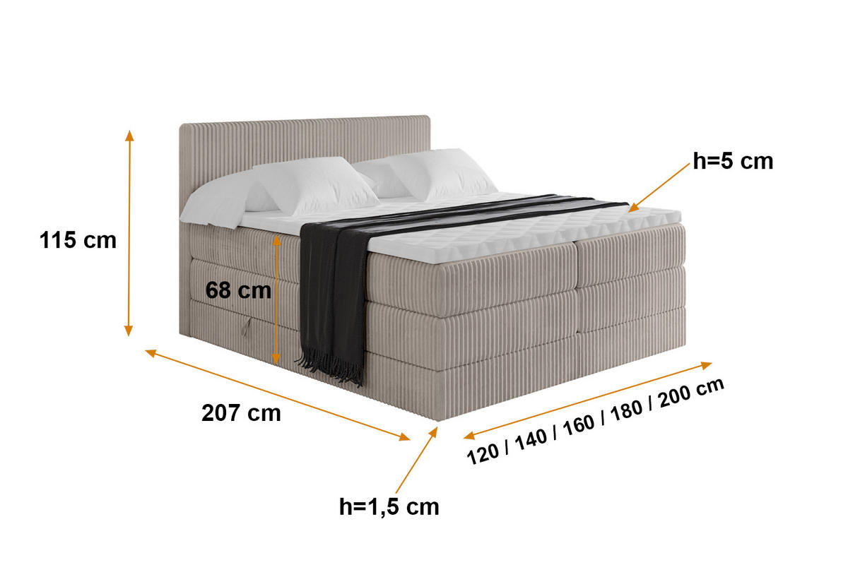 BOXSPRINGBETT mit Matratze H3|H4 und Lattenrost - TOLO KING 120x200 Cord - Aschgrau - Alufarben, Holzwerkstoff (120/200cm) - ALTDECOR