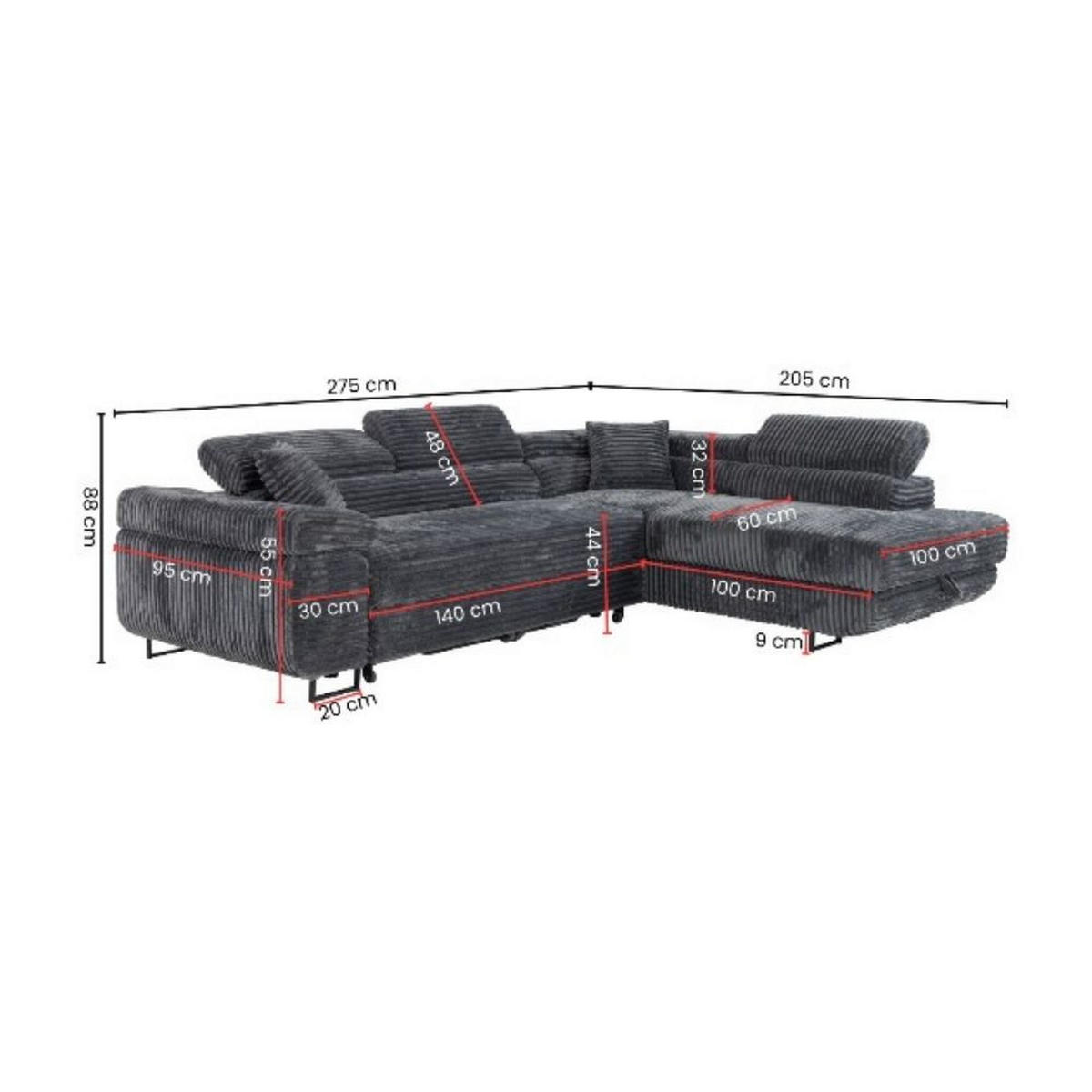 ECKSCHLAFSOFA Luis L, mit Schlaffunktion und Bettkasten – praktisch und bequem, Rechts, Braun - Schwarz/Braun, Textil (275/205cm) - AN-Moebel 4u