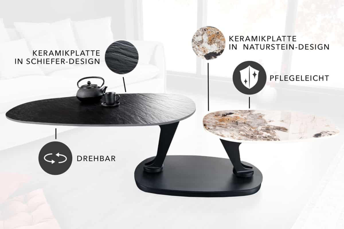 COUCHTISCH MOVEMENT rund Grau|Natur|Schwarz|Weiß 160cm - Schwarz/Braun, Keramik/Metall (110/160/40cm) - riess-ambiente