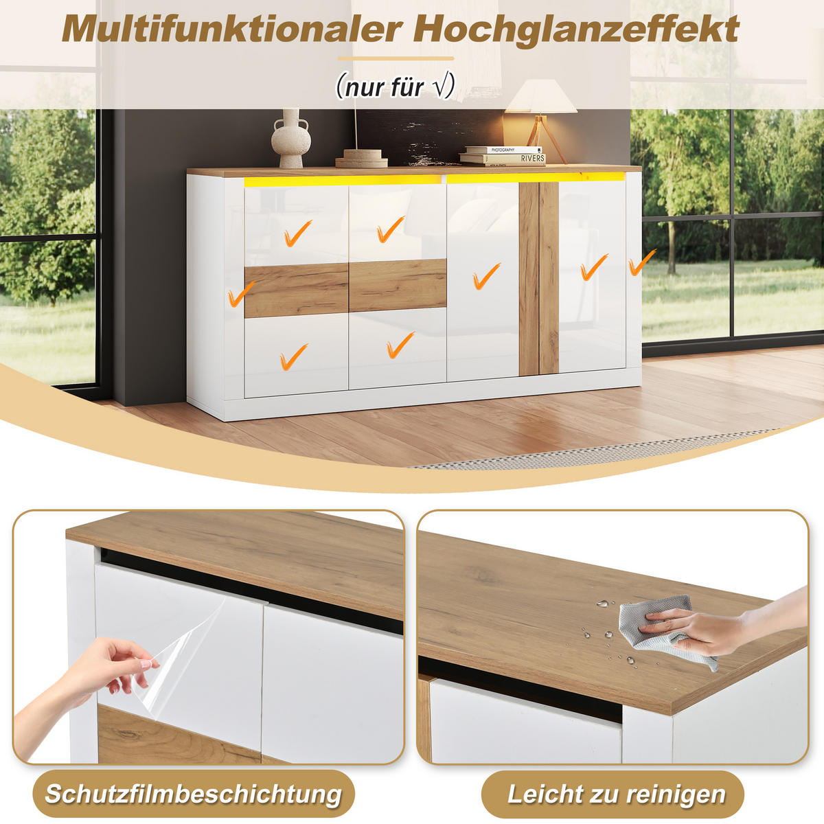 SIDEBOARD 140x35x70cm Weiß Eiche mit RGB LED und 4 Türen - Weiß/Naturfarben, Holzwerkstoff (140/70/35cm) - FLIEKS