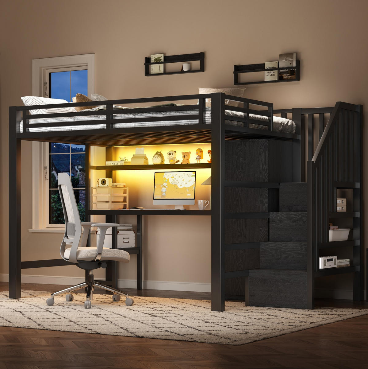 HOCHBETT 140/200 cm, Schwarz mit Schreibtisch, Regal und Kleiderschrank - Schwarz, Metall (140/200cm) - MIVRAY