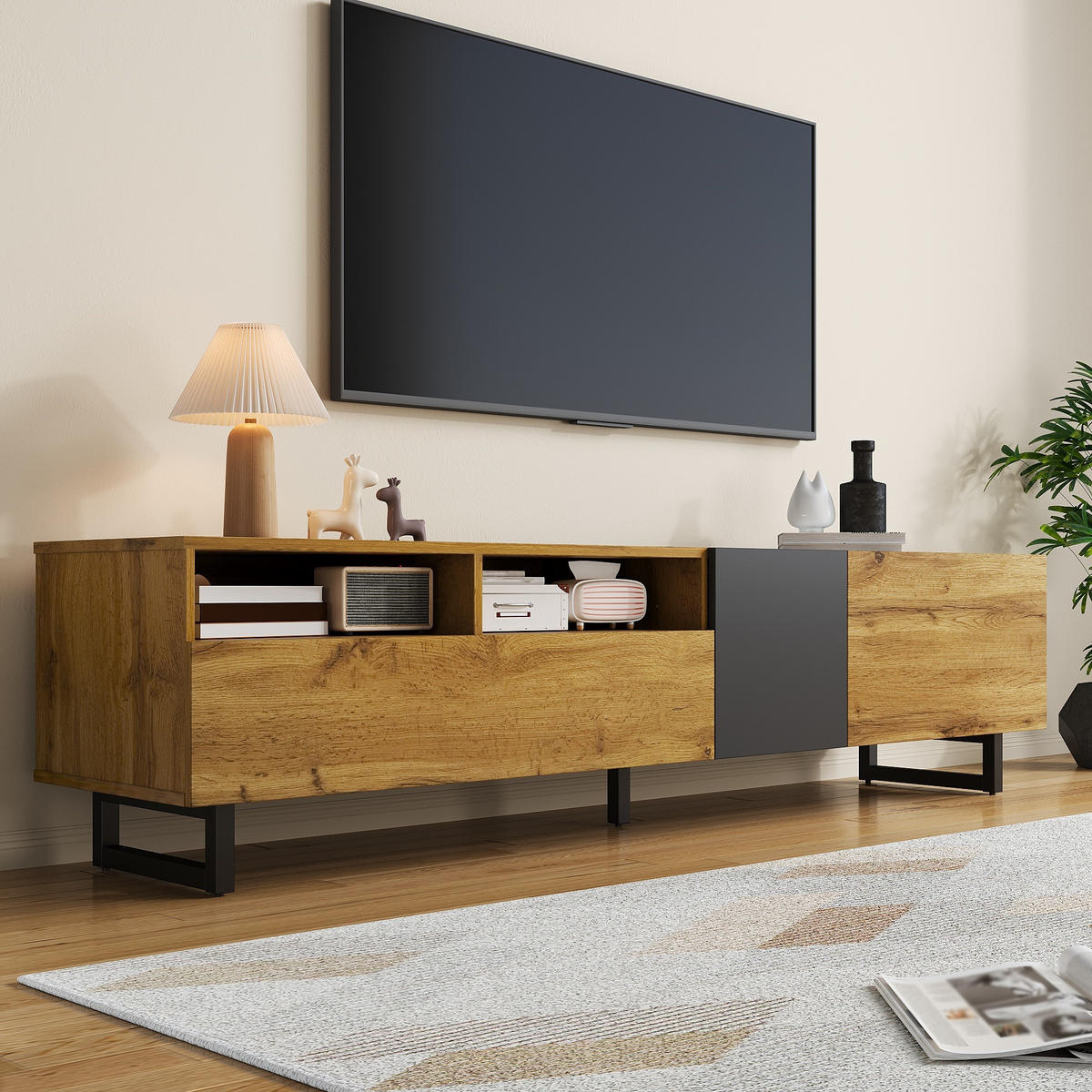 TV-ELEMENT170X36,5X42CM Colorblock-Design 3-Türen Retro-Holzmaserung - Naturfarben, Holz (45.72/21.72/98.43cm) - Raelunyi