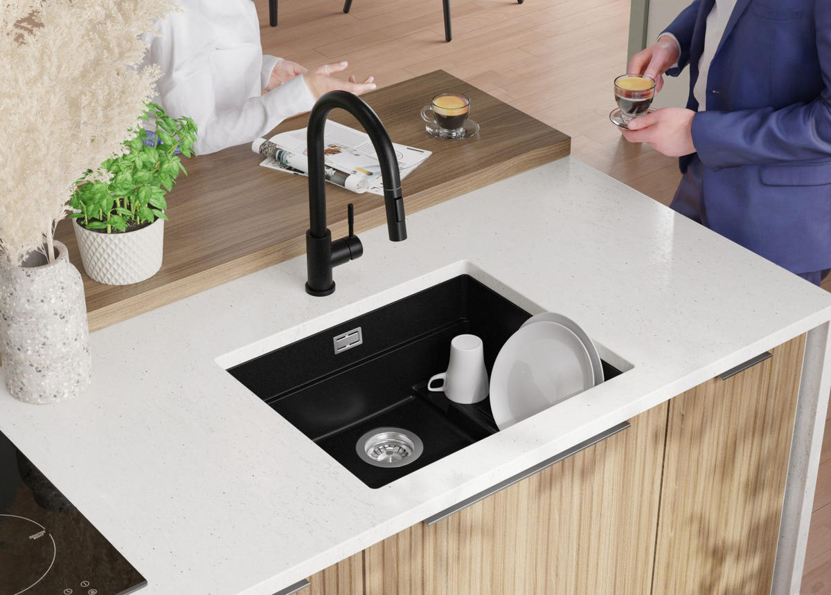 UNTERBAUSPÜLE GRANIT Praga, 2-er set Schwarz 56/47 cm 1 Becken + Küchenarmatur 40/20 cm + Ablauf-Set + Aufrollbare Abtropffläche ab 60er Unterschrank - Schwarz, Kunststoff (56/20/47cm) - Primagran