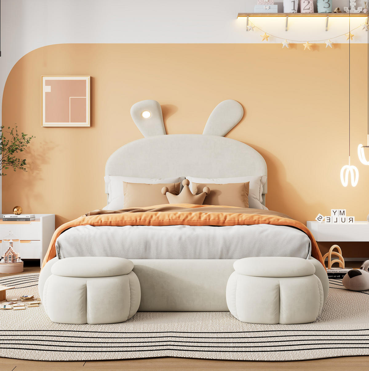 POLSTERBETT 140/200 cm aus Samt mit LED-Hasenohren und Stauraum Beige - Weiß, Textil (140/200cm) - Modenvie