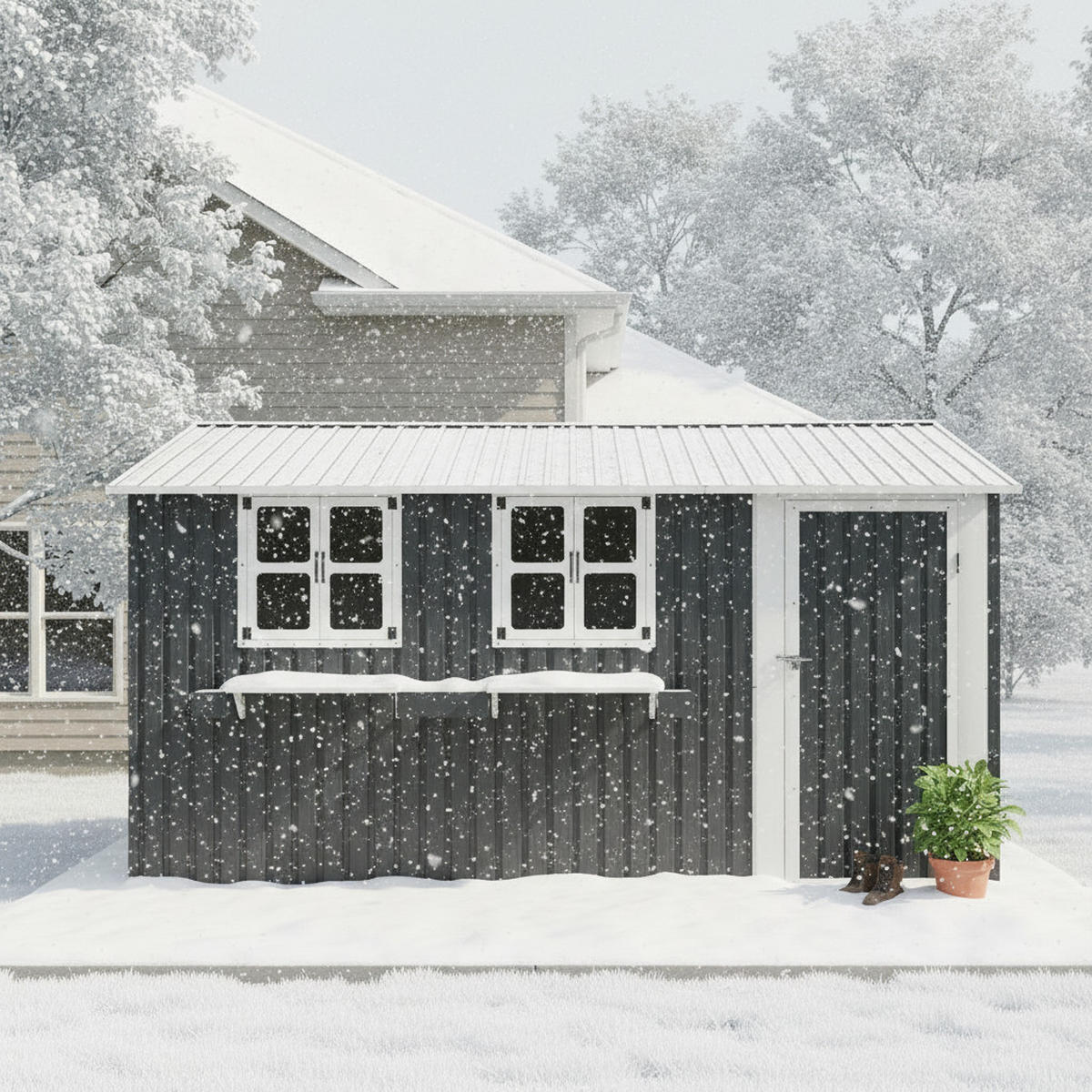GERÄTEHAUS 359.4/284.2/206.9 cm Anthrazitgrau mit 3 öffenbaren Fenstern, abschließbaren Doppeltüren und Blumenregal (10,21 m²) - Anthrazit, Metall (303.8/204.9/370.8cm) - Oxeza
