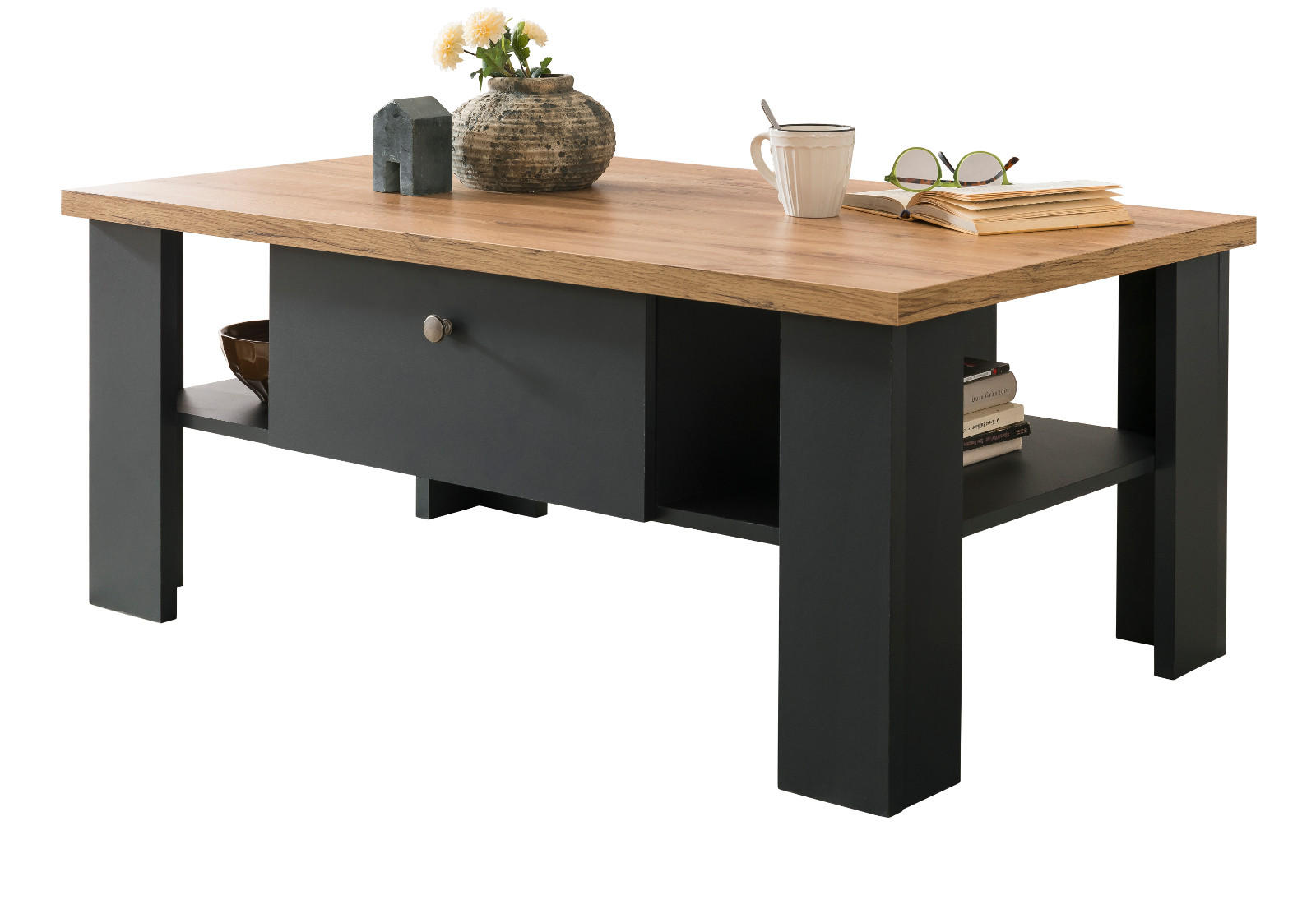 COUCHTISCH grau, Eiche Wotan, Landhaus 110 x 70 cm, Beistelltisch mit Soft-Close - Silberfarben/Eiche Wotan, Holzwerkstoff/Kunststoff (110/70/45cm) - Furn.Design