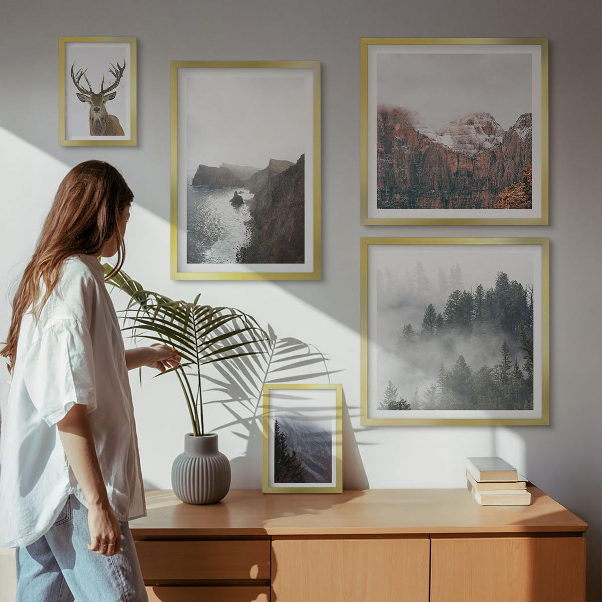 BILDER SET 5er Set - 50x50 cm & 20x30 cm & 40x60 cm Goldrahmen - Berglandschaft Nebel Hirsch - Goldfarben, Kunststoff (40/60cm) - TULUP