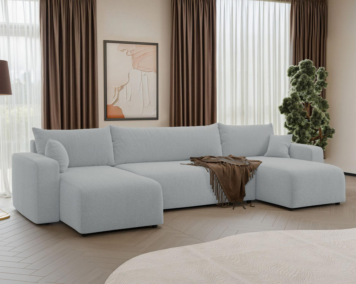 WOHNLANDSCHAFT Pianoni Hellgrau Bouclé-Bezug - Hellgrau/Schwarz, Kunststoff/Textil (312/83/140cm) - Selsey