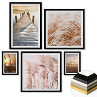WANDBILDER 5er-Set - 50x50 cm & 20x30 cm & 40x60 cm Schwarzer Rahmen - Boho-Grasfeld-Sonnenuntergang - Schwarz, Kunststoff (40/60cm) - ArtPrintCave