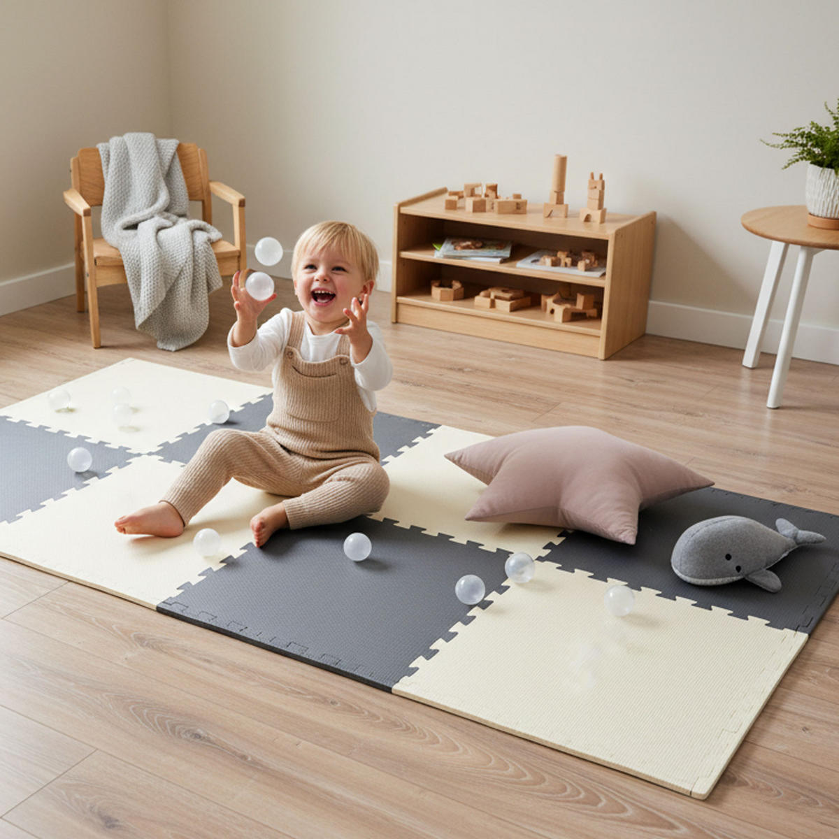 SPIELMATTE mit Rand - 8er Set - 50x50 cm - Beige und Grau - Grau, Kunststoff (50/50cm) - Littletom