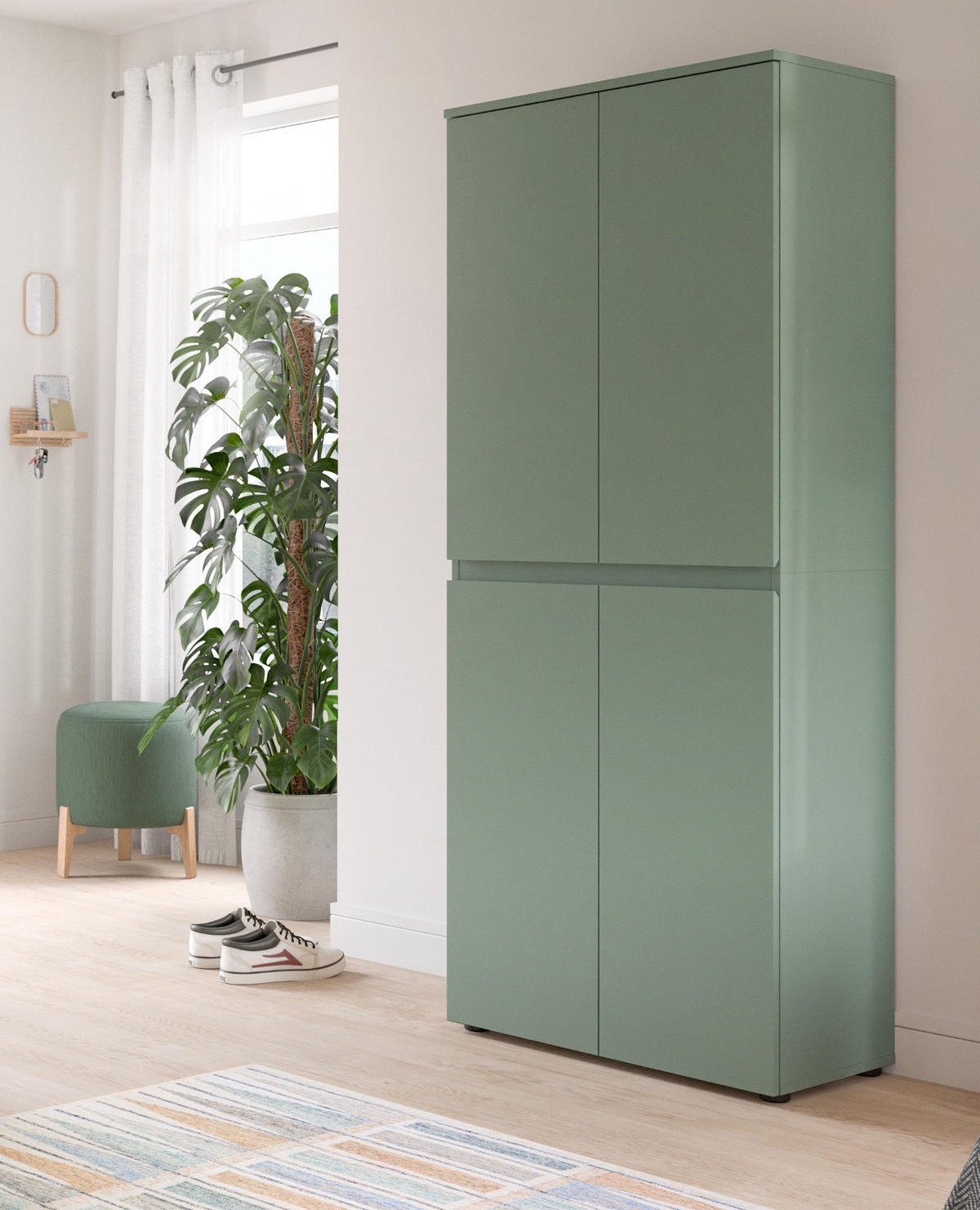 MEHRZWECKSCHRANK grün 70 x 175 cm, Stauraumschrank 4-türig mit 9 Fächern - Schwarz/Grün, Holzwerkstoff/Kunststoff (70/175/37cm) - Inn.Furn