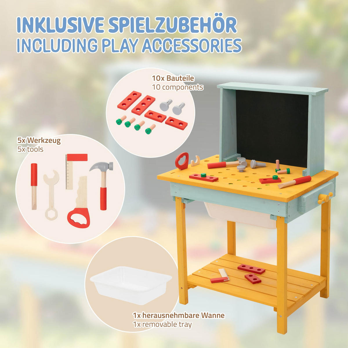 WERKBANK KINDER HOLZ ‎101x37x81 cm ‎Gelb-Türkis - Gelb, Holz/Kunststoff (101/81/37cm) - Joyz