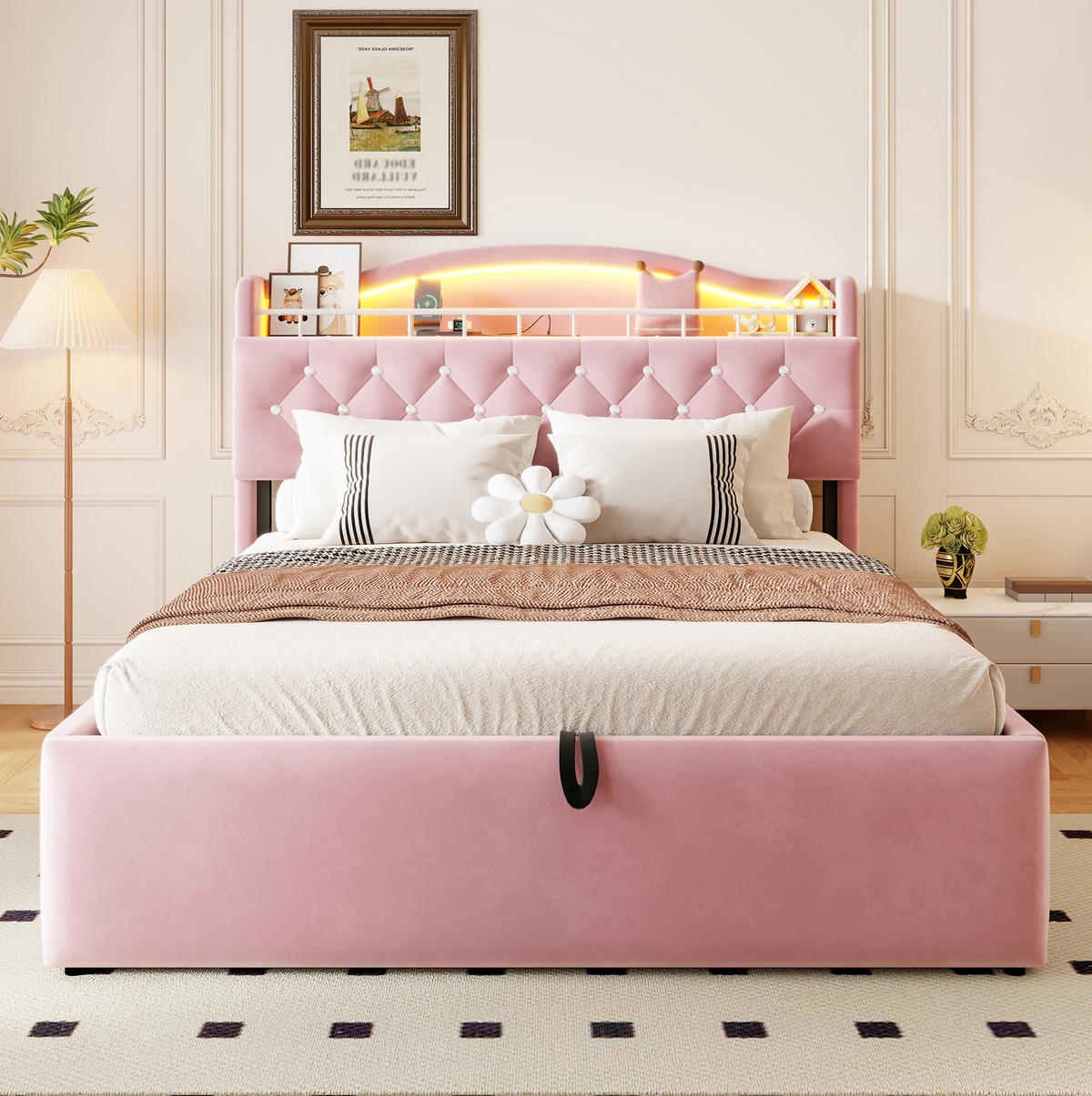 POLSTERBETT 140/200 cm aus Samt und Metall mit Stauraum Rosa - Pink, Textil (140/200cm) - OKMYHOME