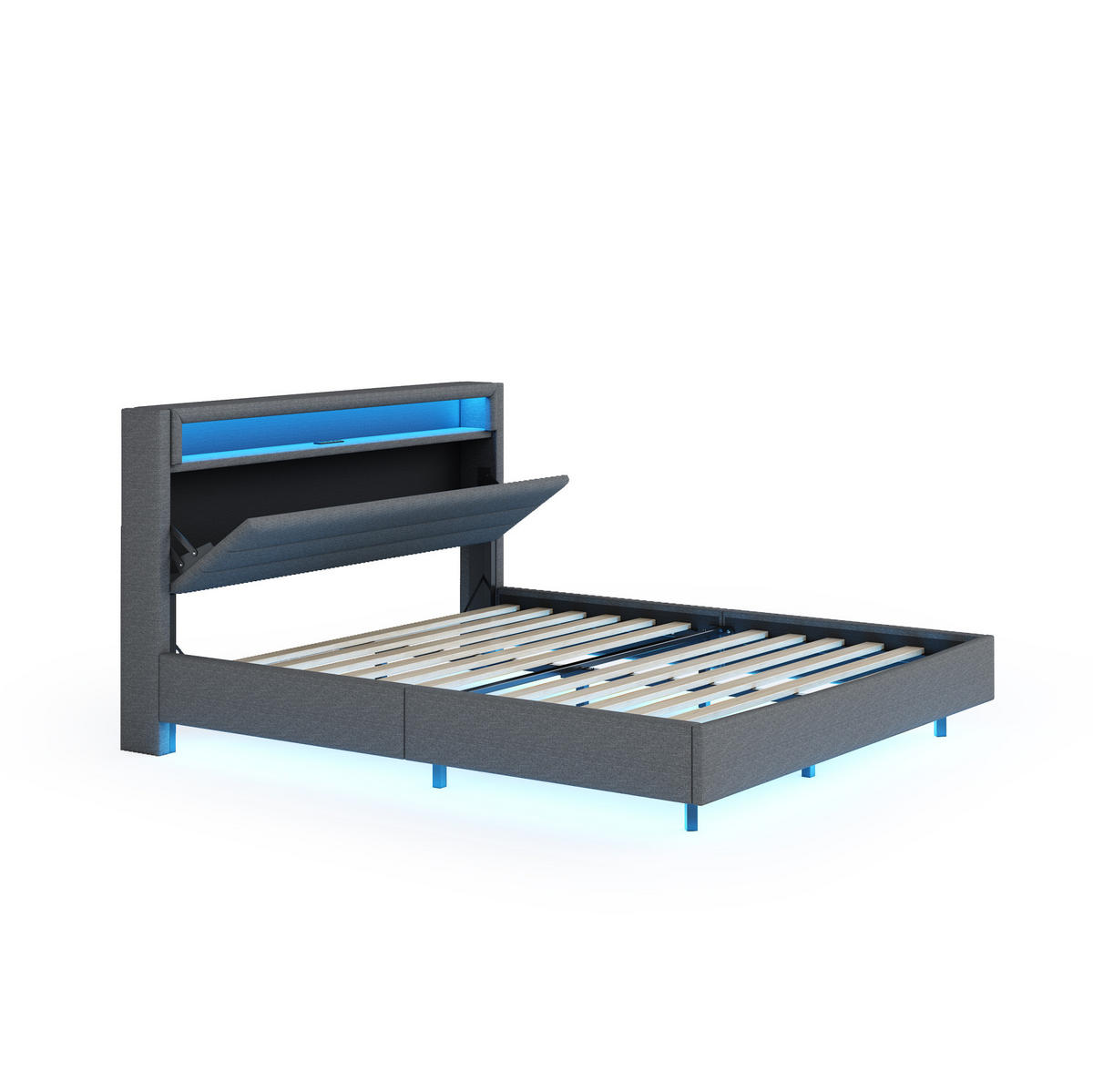 POLSTERBETT 140/200 cm mit USB-Anschluss, LED-Beleuchtung und drehbarem Kopfteil, Grau - Grau, Textil (140/200cm) - Redom