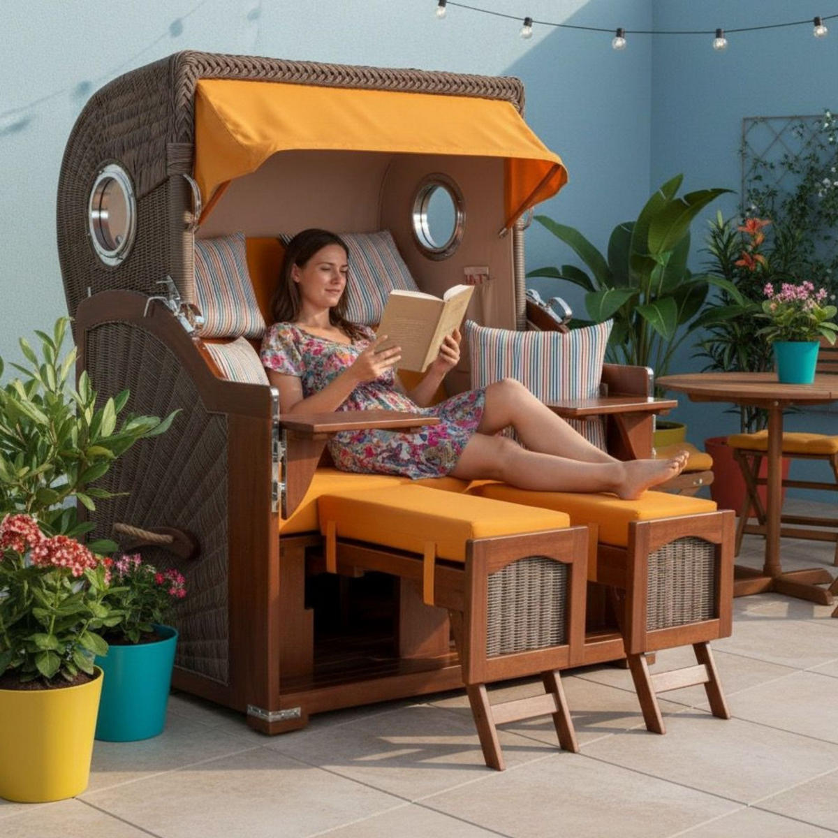 STRANDKORB 2-Sitzer Düne Mahagoni - Gelb/Braun, Holz/Metall (125/170/80cm) - Mr. Deko