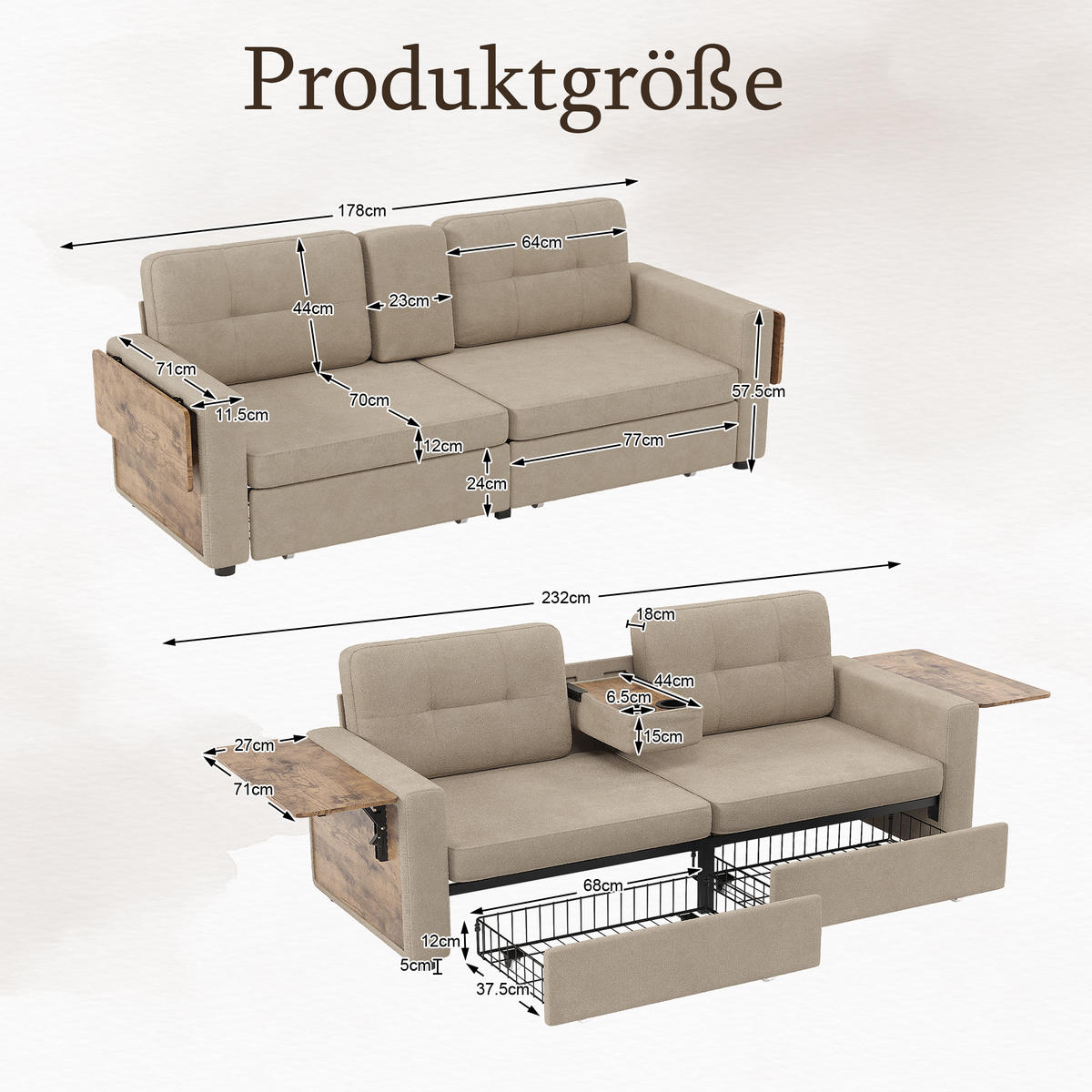 2-SITZER-SOFA mit Laptop-Tisch und Stauraum, DE-42611, Khaki - Sandfarben, Metall (178/57.5/71cm) - ComfortXL