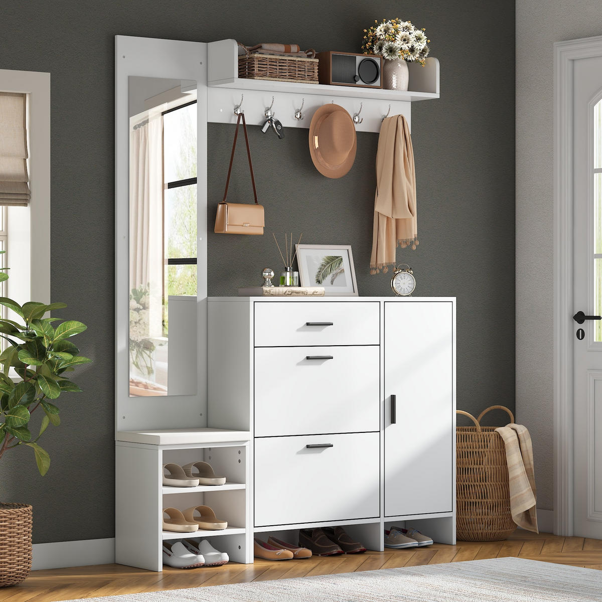 GARDEROBENSCHRANK mit Schuhschrank Spiegel und Schuhwechselbank mit Stauraum Weiß 140/30/200 cm - Weiß, Holzwerkstoff (140/200/30cm) - EVRYAE