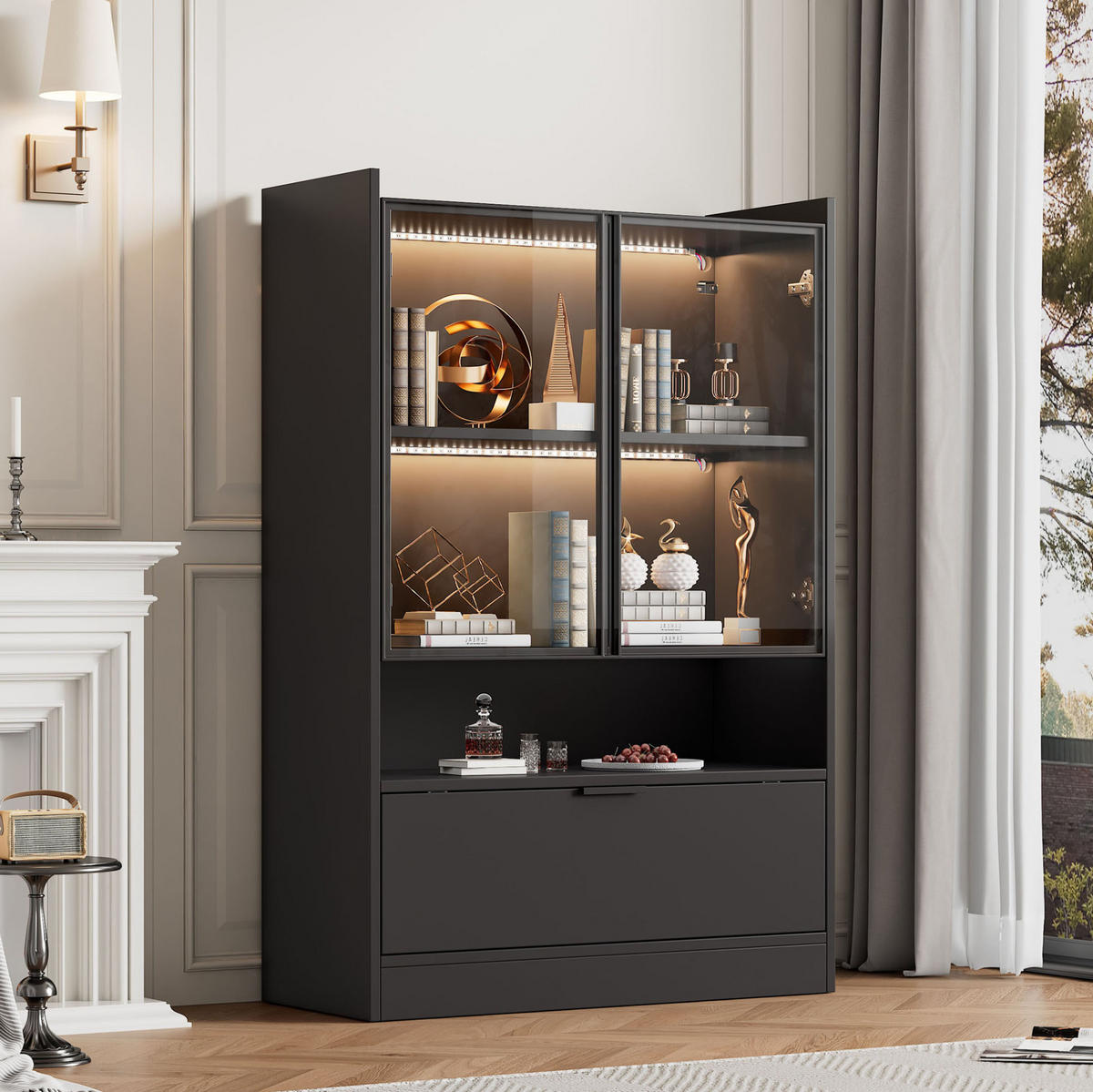 VITRINE 80/35/120 cm aus Spanplatte mit LED-Beleuchtung Schwarz - Schwarz, Holzwerkstoff (80/120/35cm) - Modenvie