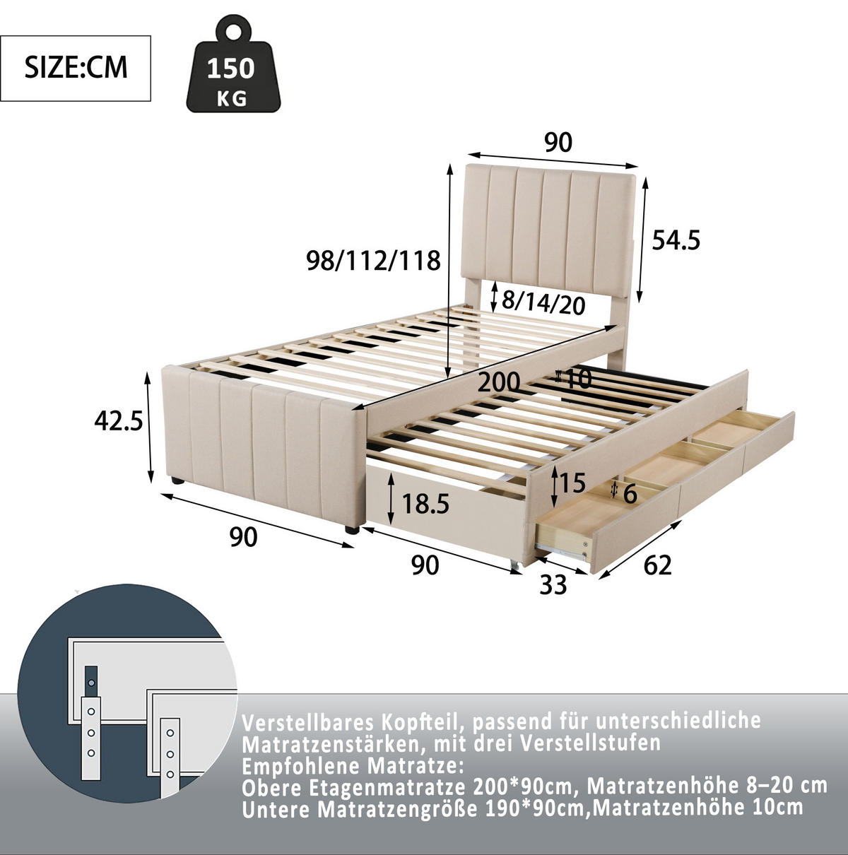 POLSTERBETT 90/200 cm Beige mit Ausziehbett und 3 Schubladen höhenverstellbares Kopfteil - Beige, Textil (90/200cm) - OKWISH