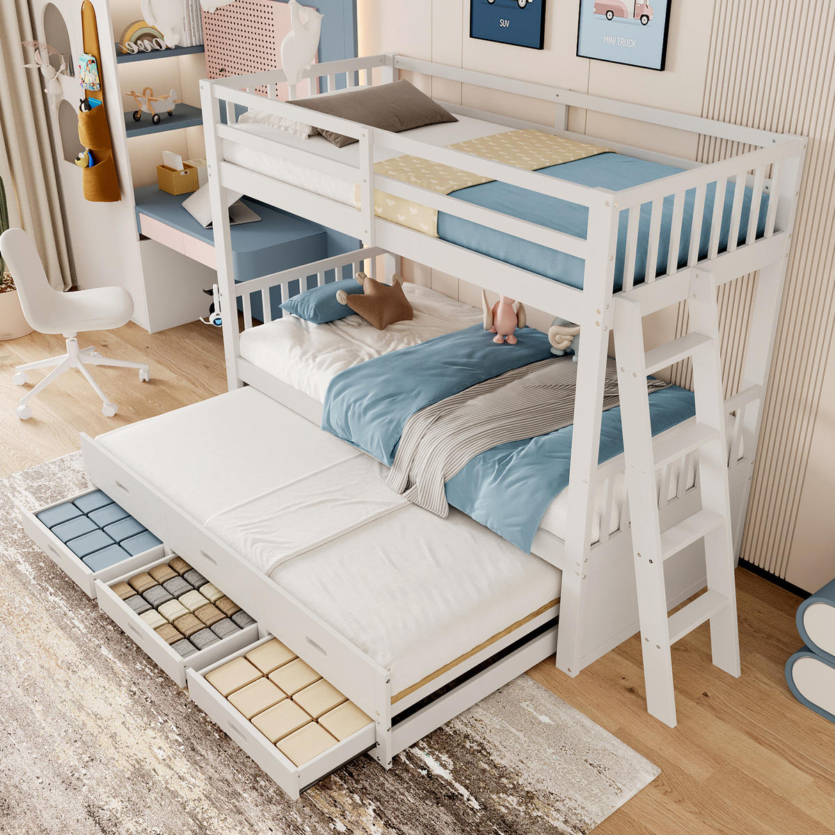 ETAGENBETT 90/200 cm in Weiß mit Ausziehbett und 3 Schubladen - Weiß, Holz (90/200cm) - OKMYHOME